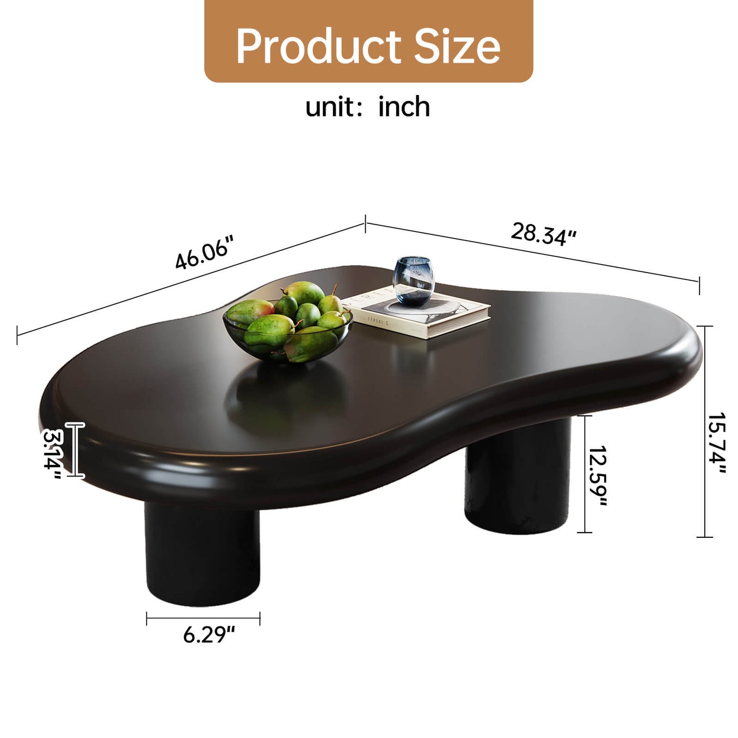 Guyii 46.06" Black Cloud Coffee Table, Cute Modern Coffee Table with 3-Leg Design