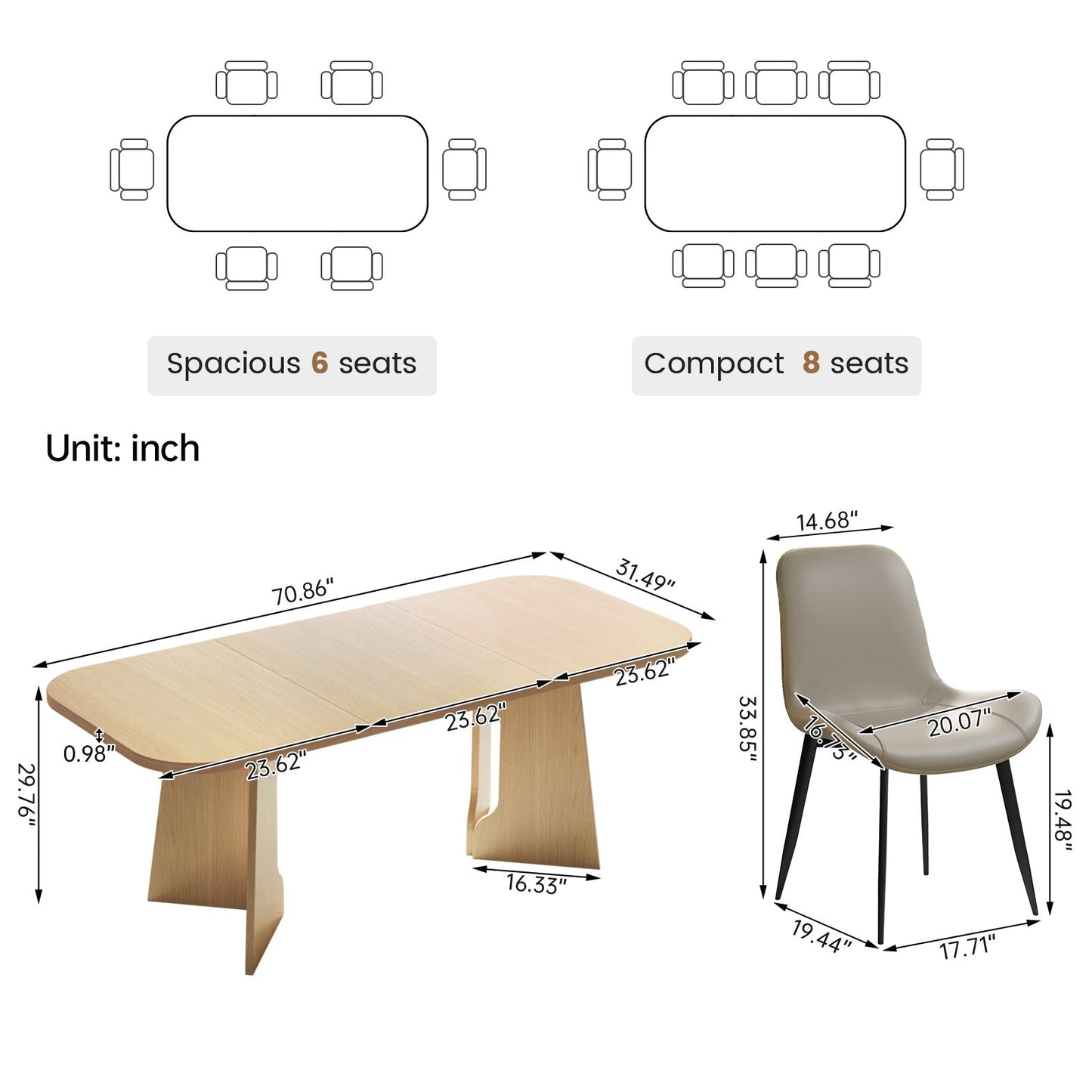 Guyii 70.8" Rectangular Dining Table Set with 4-8 Upholstered Chairs, Modern Farmhouse Kitchen & Dining Room Table for 4-8 People
