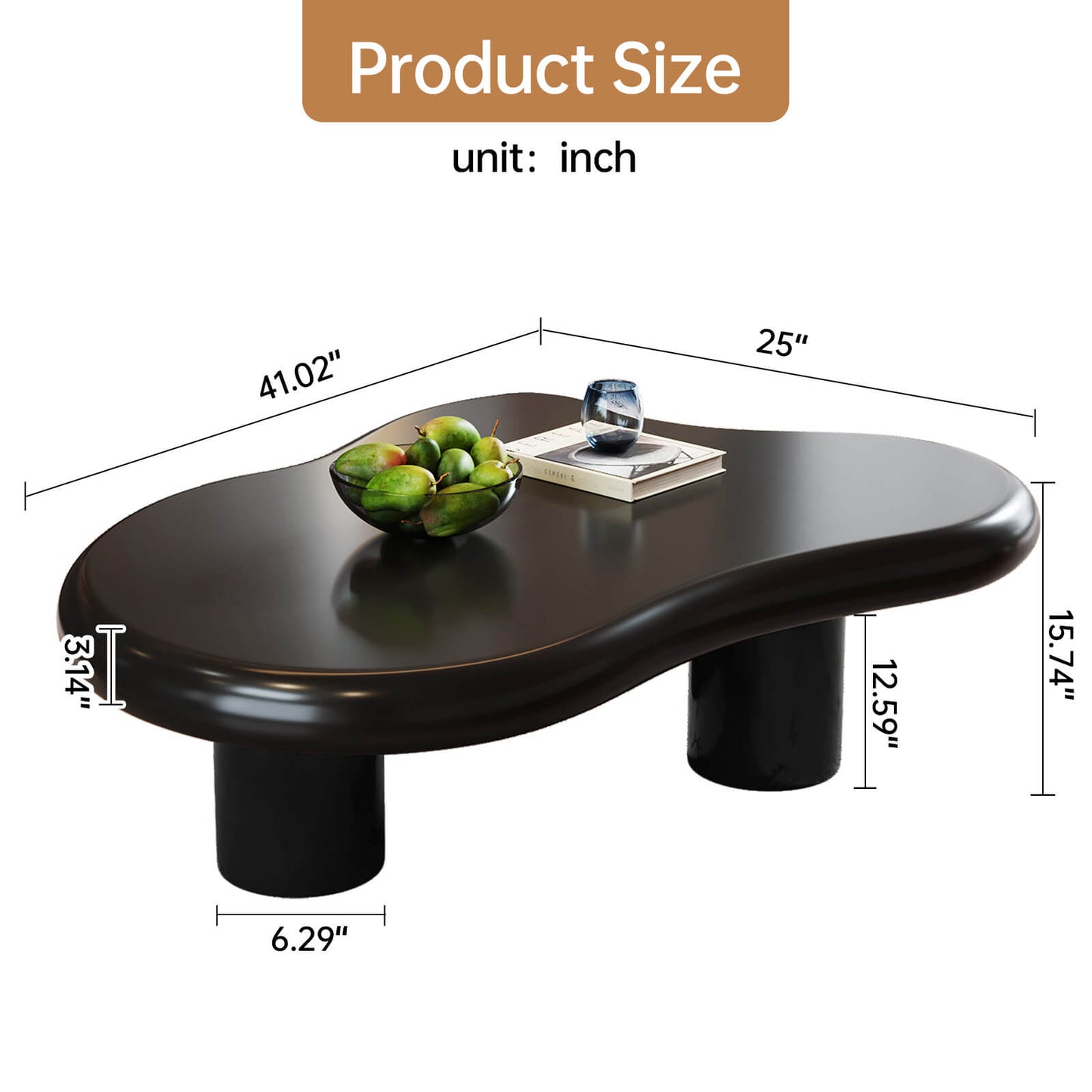 Guyii 41.02" Black Cloud Coffee Table, Cute Modern Coffee Table with 3-Leg Design