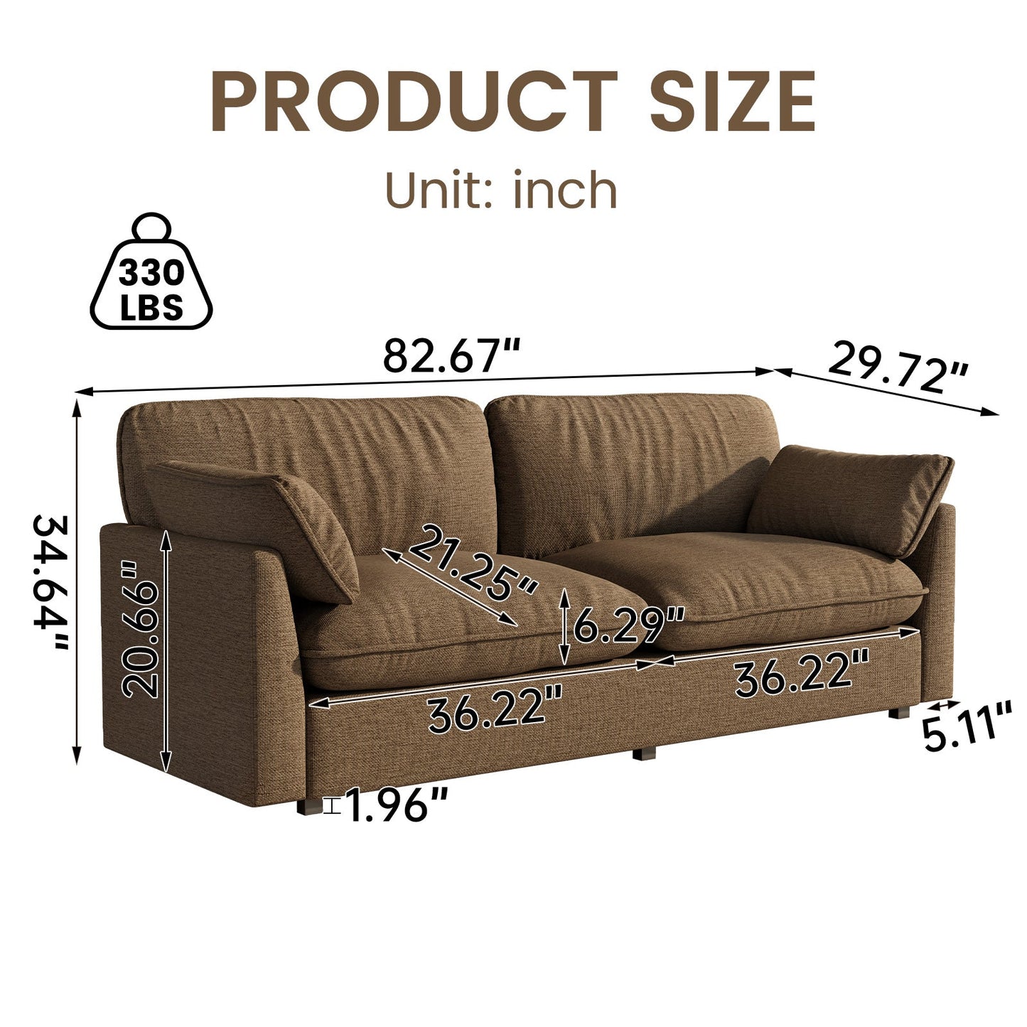 Guyii 82.6" Brown Loveseat Couche for Living Room, Deep Seat Couch with Deep Seat