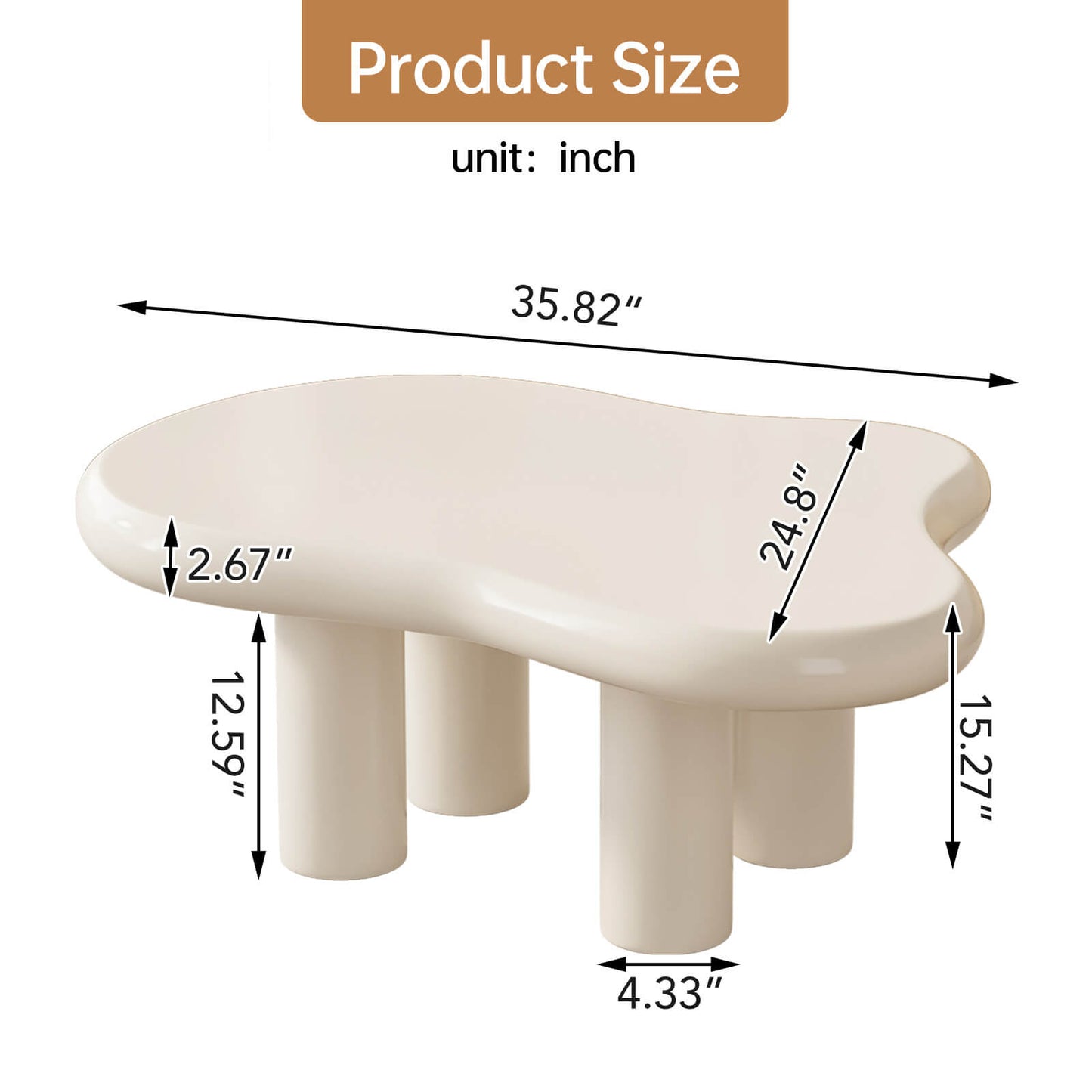 Guyii 35.82" Cream White Cloud Coffee Table, Cute Modern Coffee Table with 4-Leg Design
