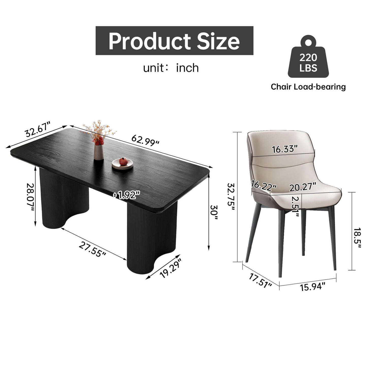 Guyii 62.99" Black Rectangular Dining Table Set with 4 Chairs, Modern Kitchen Table Set