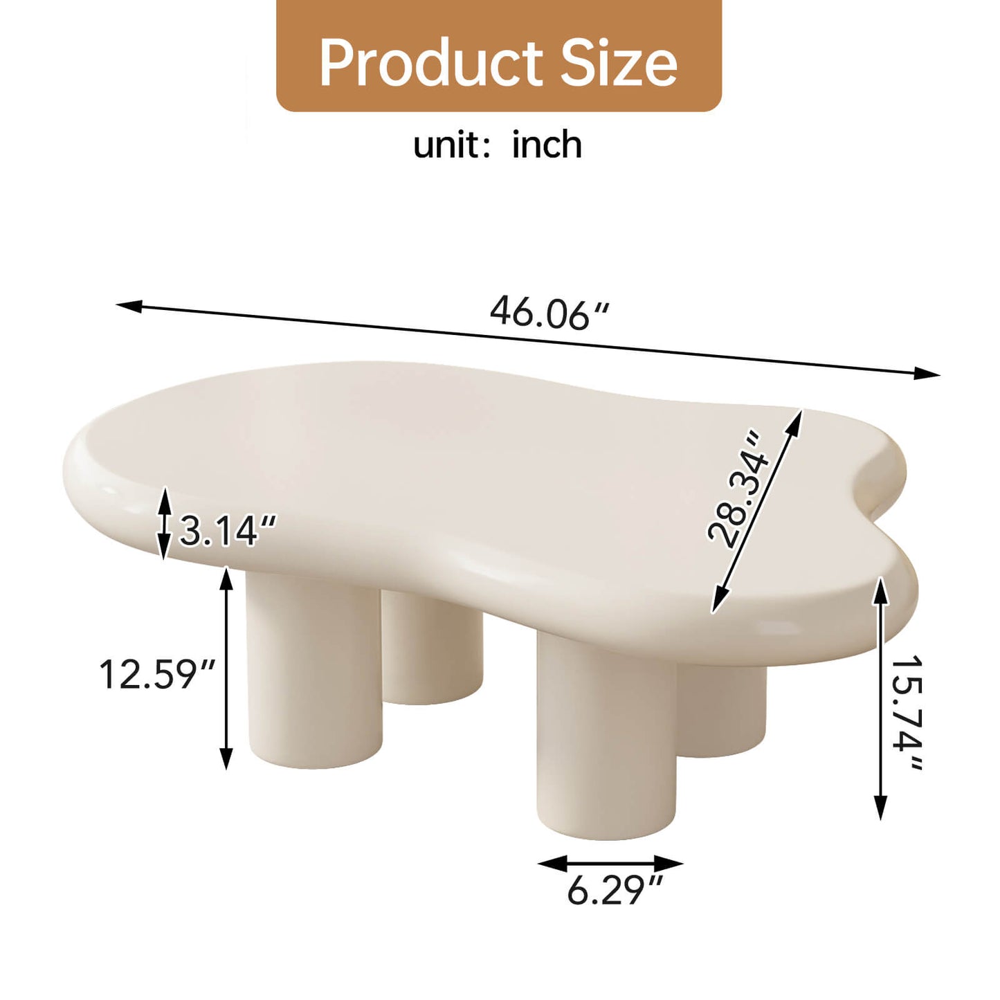 Guyii 46.06" Cream White Cloud Coffee Table, Cute Modern Coffee Table with 4-Leg Design