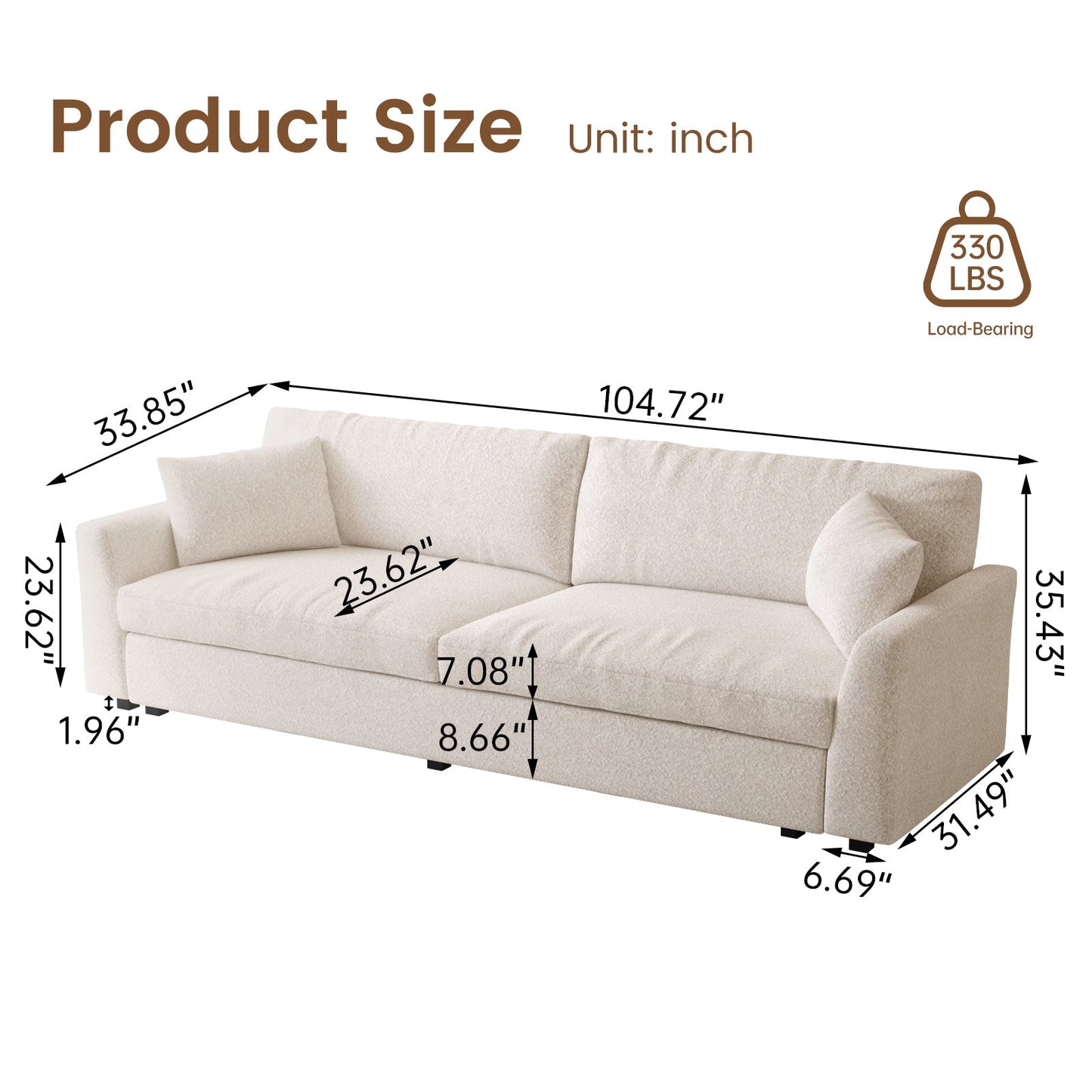 Guyii Extra Large Loveseat Sofa,104" Small Sofa Couch for Bedroom,Comfy Beige Couch