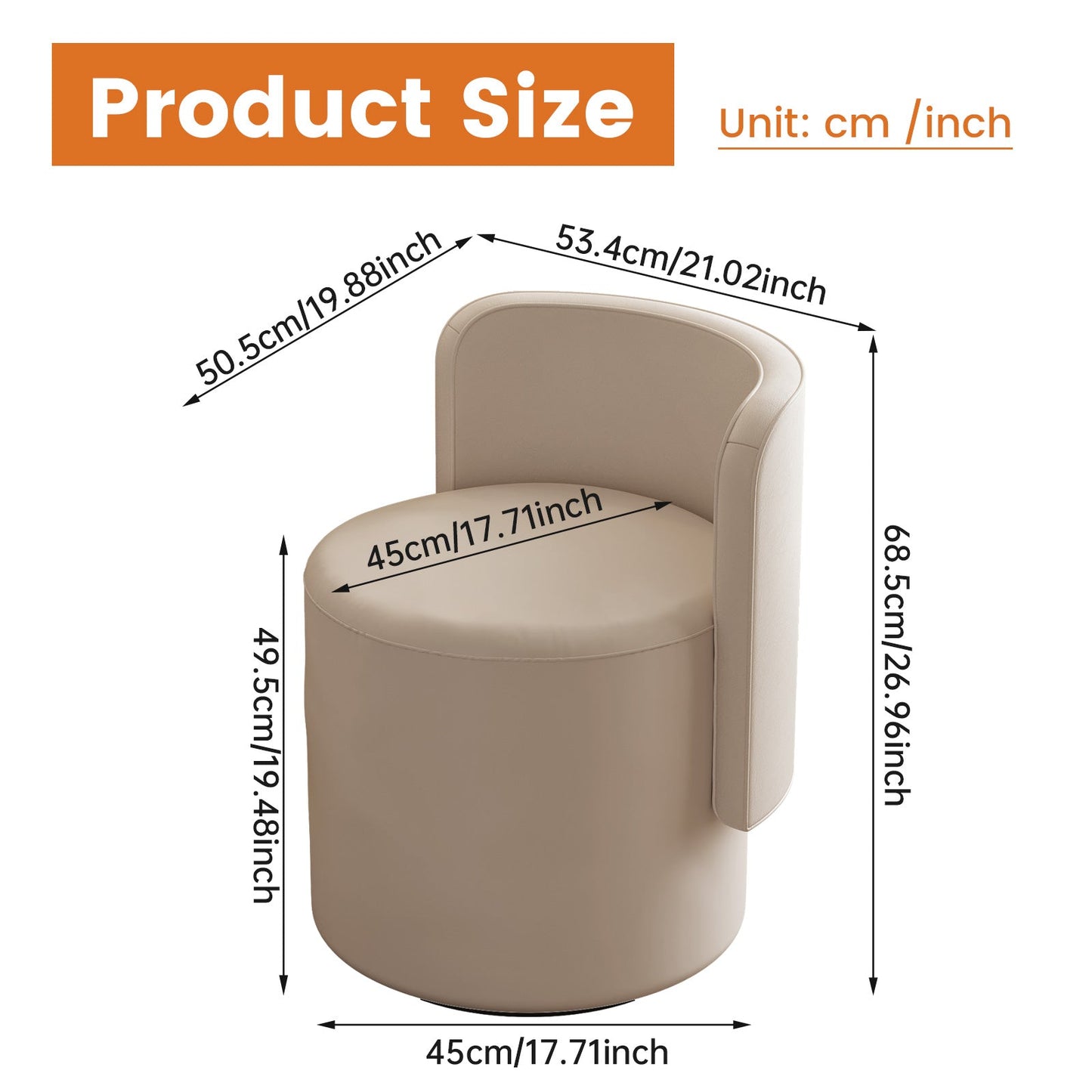 Guyii Cream White Rotating Ottoman Stool with Curved Backrest, Vanity Chair, Adjustable Makeup Pouf Seat for Living Room & Bedroom