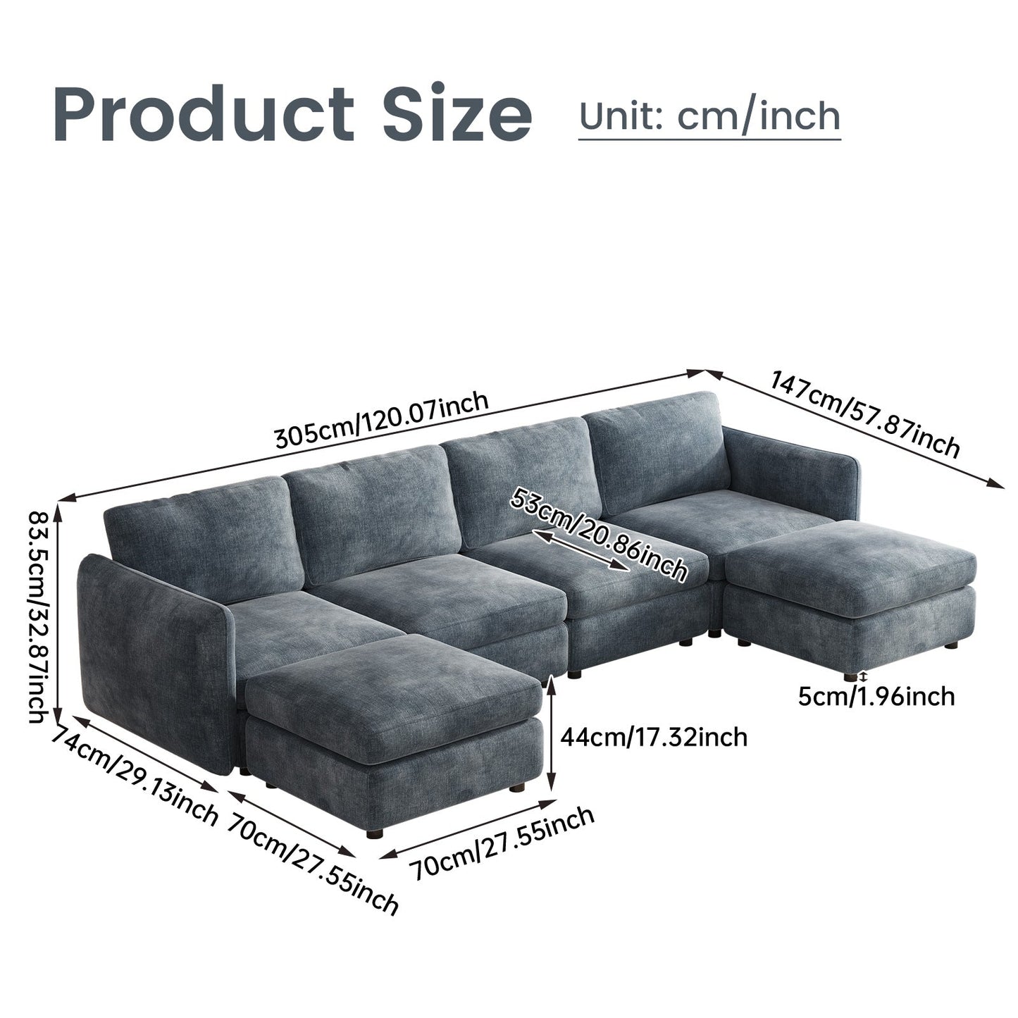 Guyii Oversized U-Shaped Modular Sectional Sofa with Storage Ottomans, 5-9 Seater Couch for Living Room, Blue Fabric, Easy Assembly