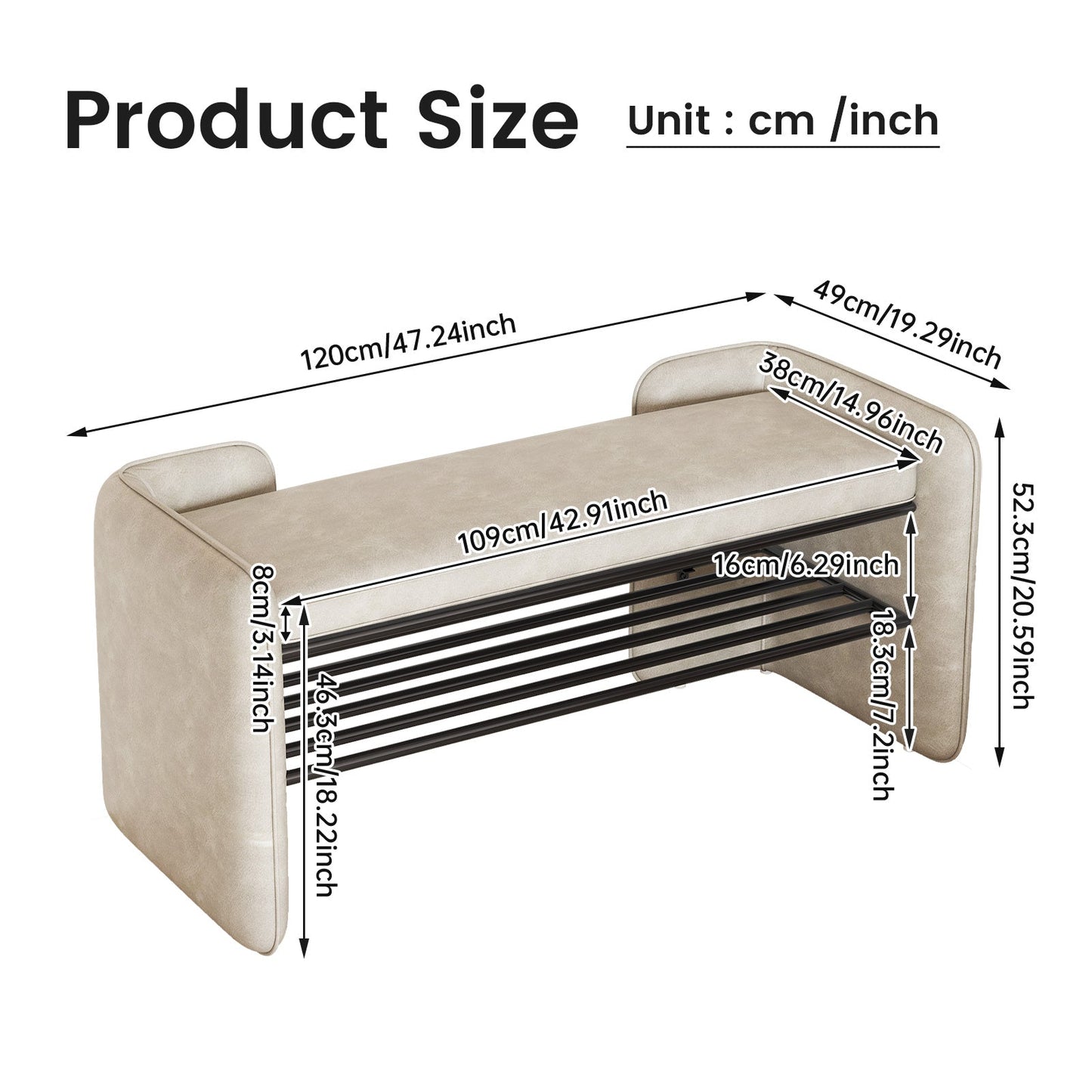 Guyii 47" Entryway Shoe Bench with Cushion, 1-Tier Storage Shelf & Hidden Compartment