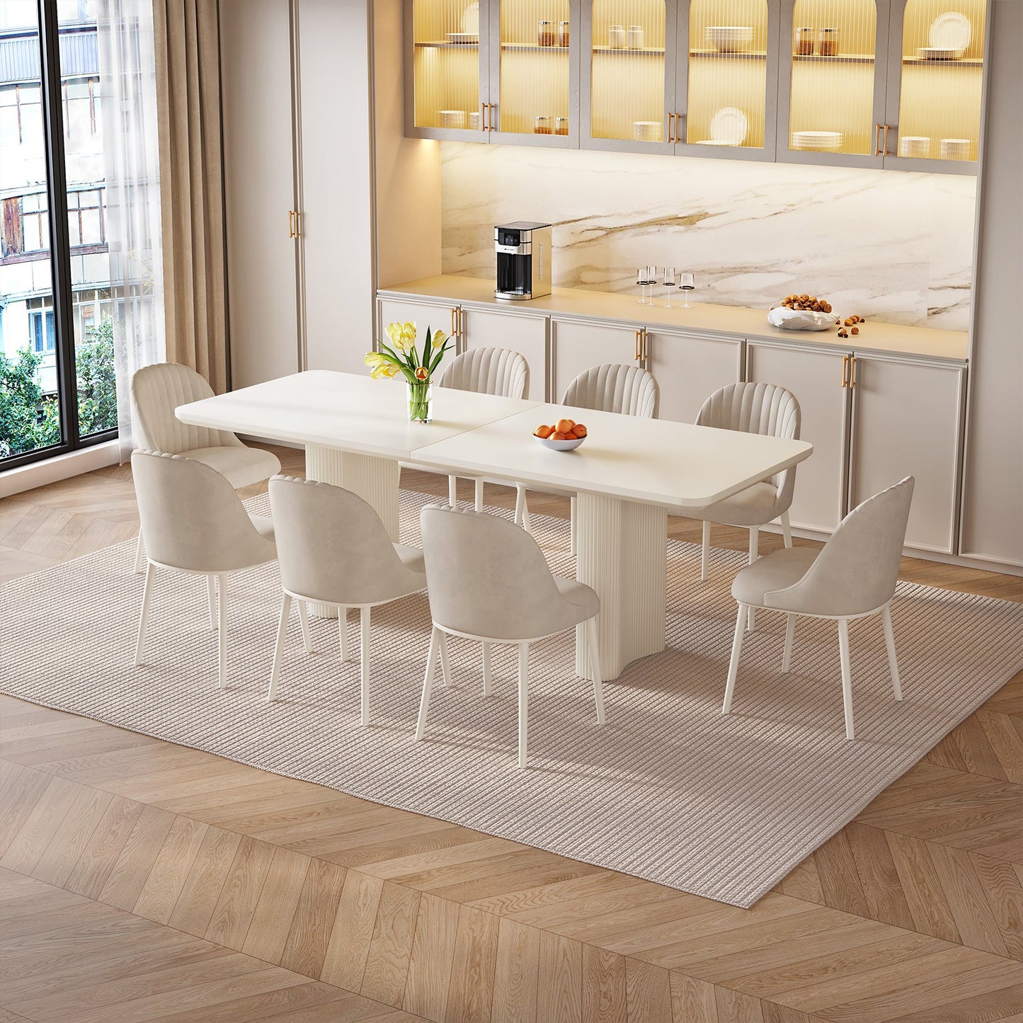 Guyii 63"-79" White Rectangular Dining Table, Modern Kitchen Table for Dining Room