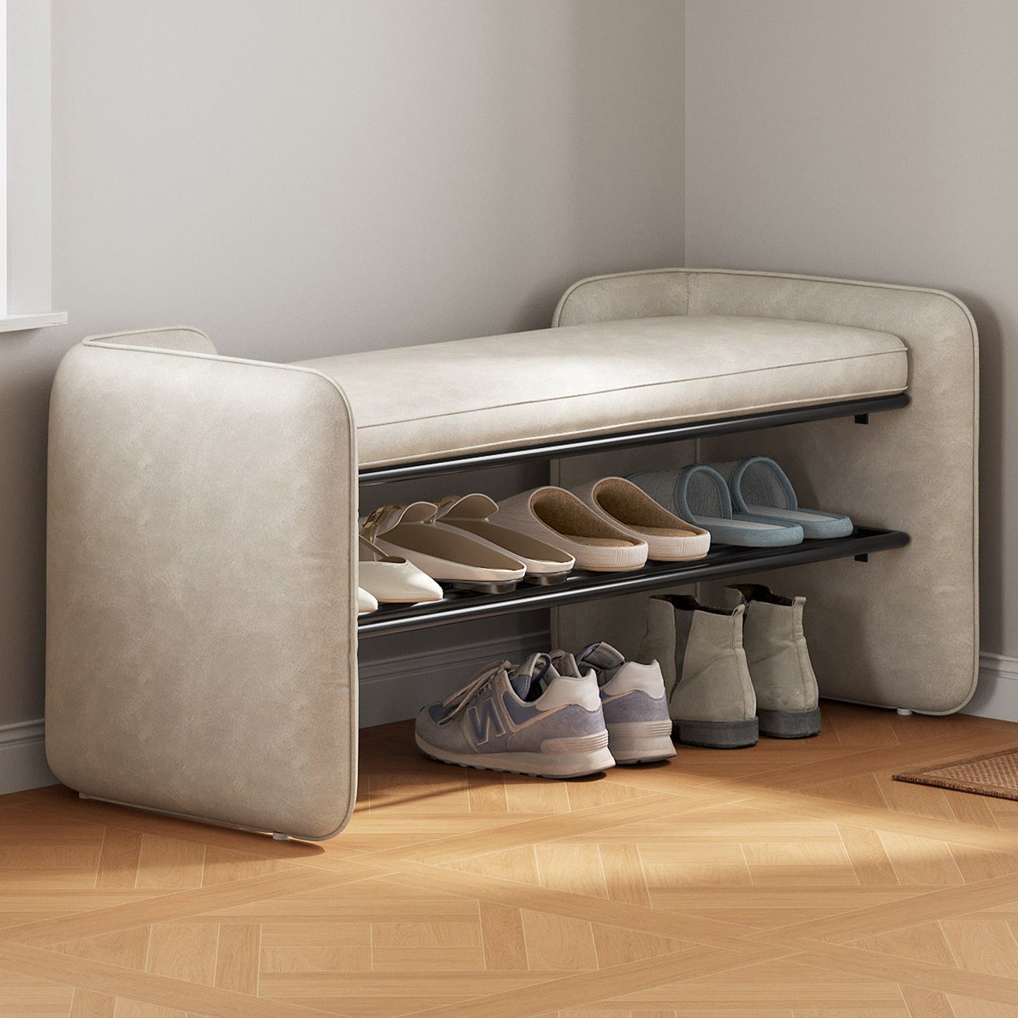 Guyii 47" Entryway Shoe Bench with Cushion, 1-Tier Storage Shelf & Hidden Compartment