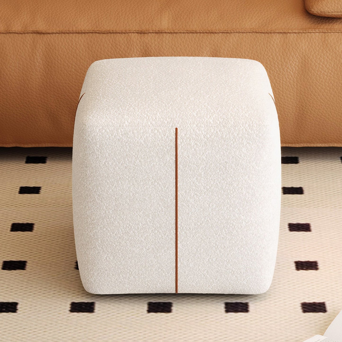 Guyii Beige Square Stool – Modern Upholstered Low Ottoman for Bedroom, Living Room, Entryway