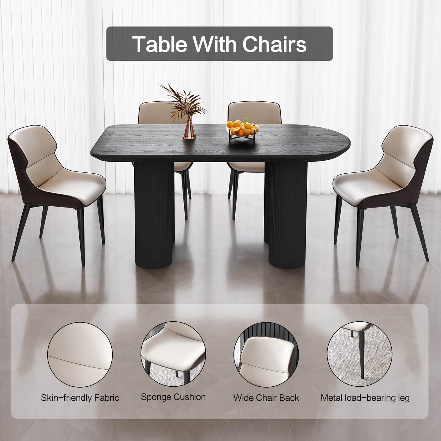 Guyii 55.11" Black Rectangular Dining Table Set with 4 Chairs, Modern Kitchen Table Set