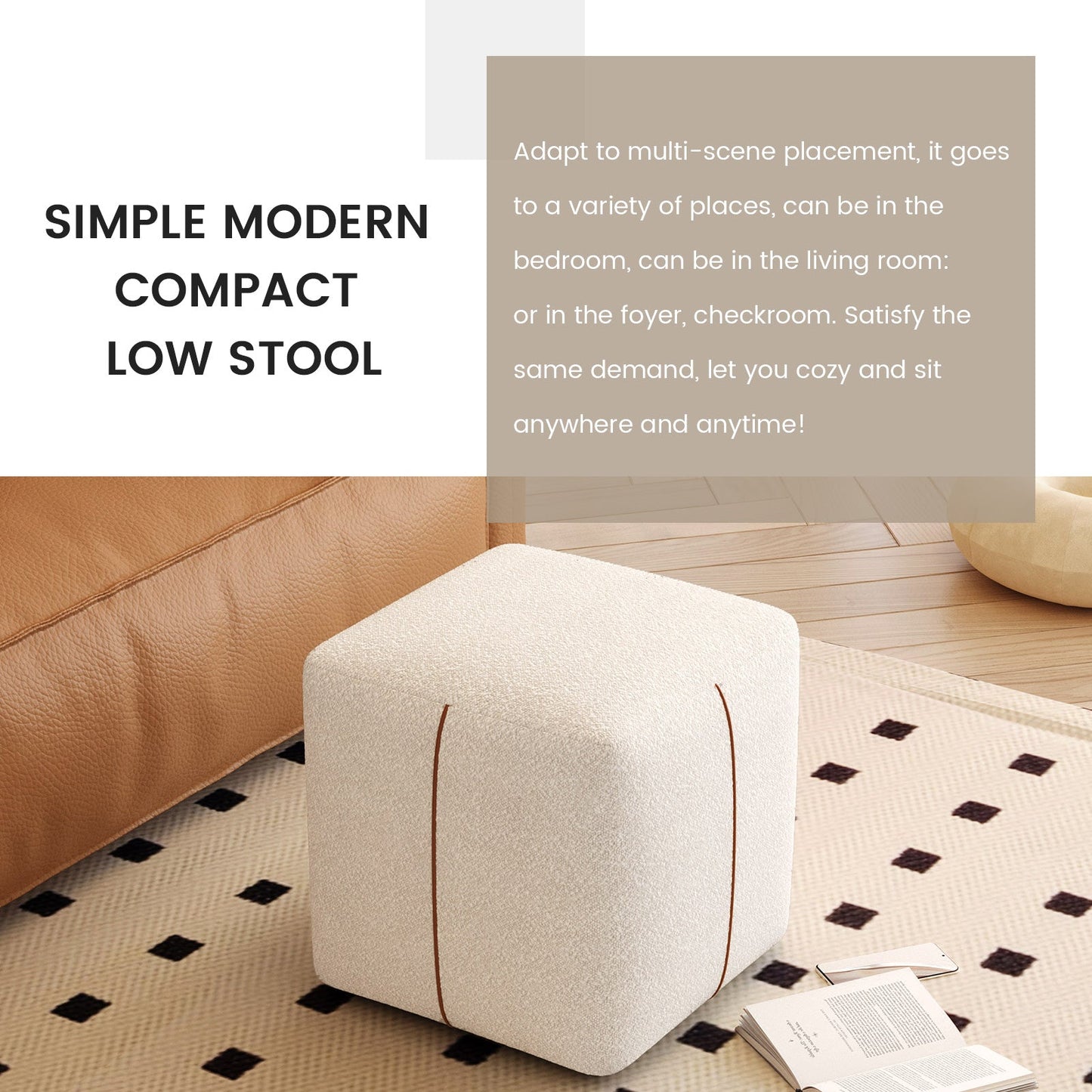 Guyii Beige Square Stool – Modern Upholstered Low Ottoman for Bedroom, Living Room, Entryway
