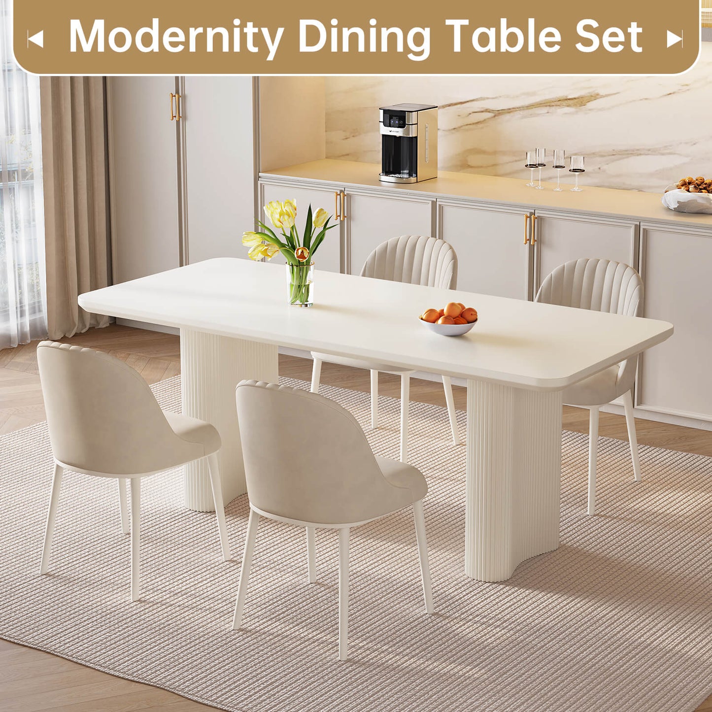 Guyii 62.99" White Rectangular Dining Table Set with 4 Chairs, Modern Kitchen Table Set