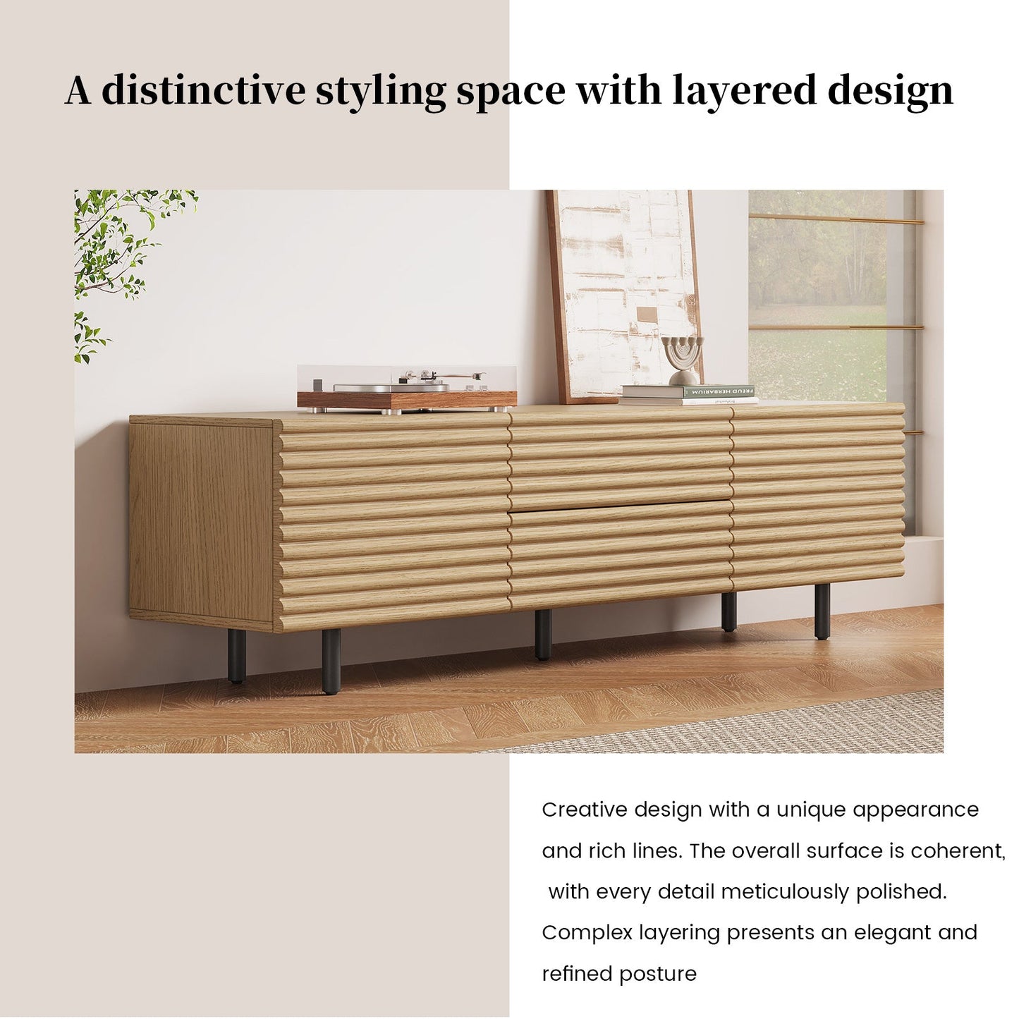 Guyii Modern TV Stand – Wood Color TV Cabinet with 2 Cabinets and 2 Storage Drawers for Living Room, Bedroom, and Home Entertainment