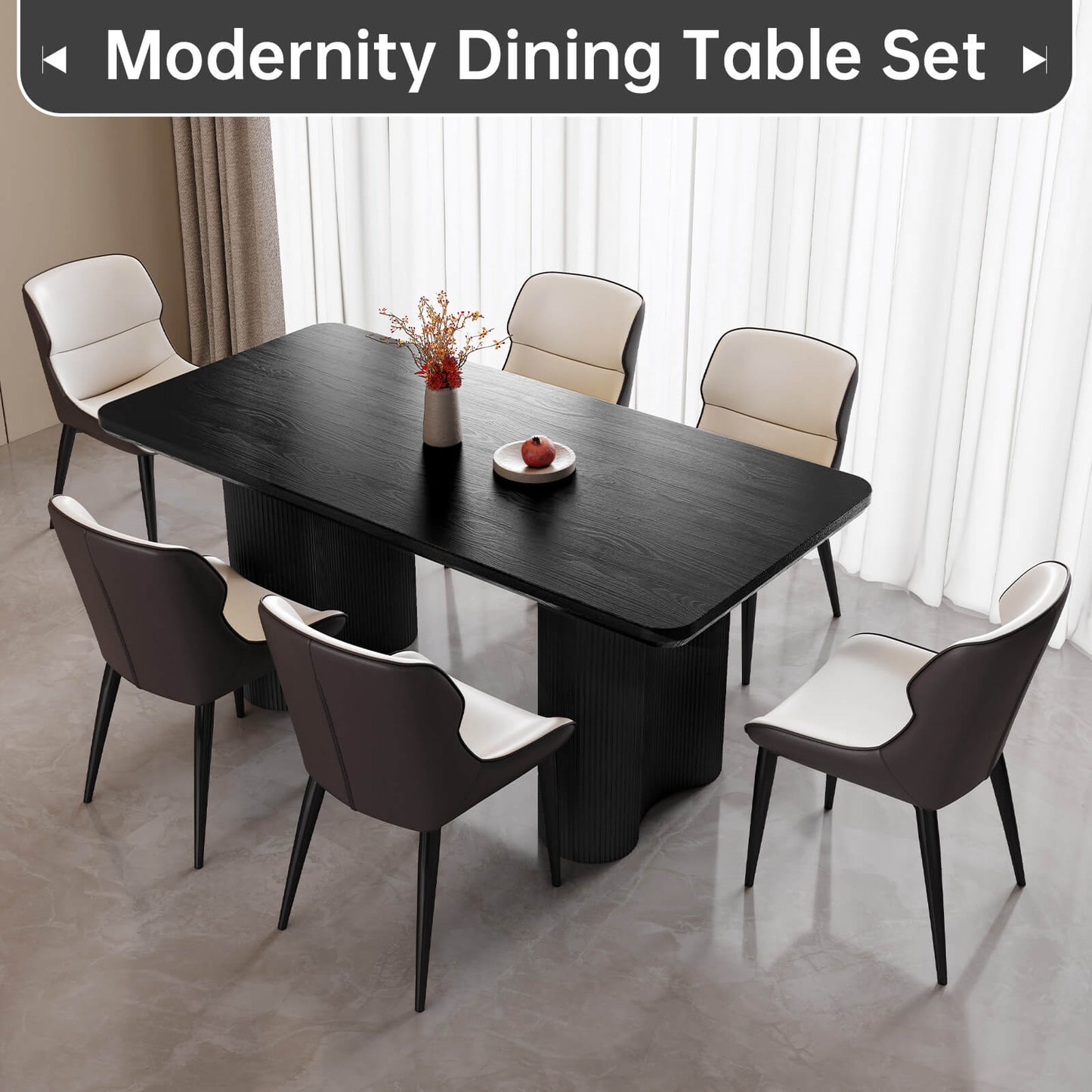 Guyii 62.99" Black Rectangular Dining Table Set with 6 Chairs, Modern Kitchen Table Set