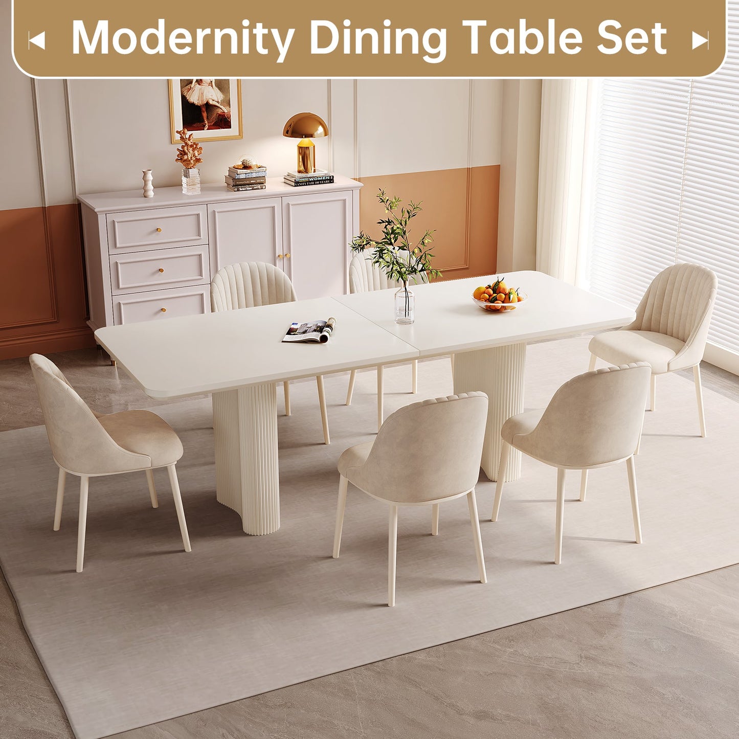 Guyii 63"-79" White Rectangular Dining Table, Modern Kitchen Table for Dining Room