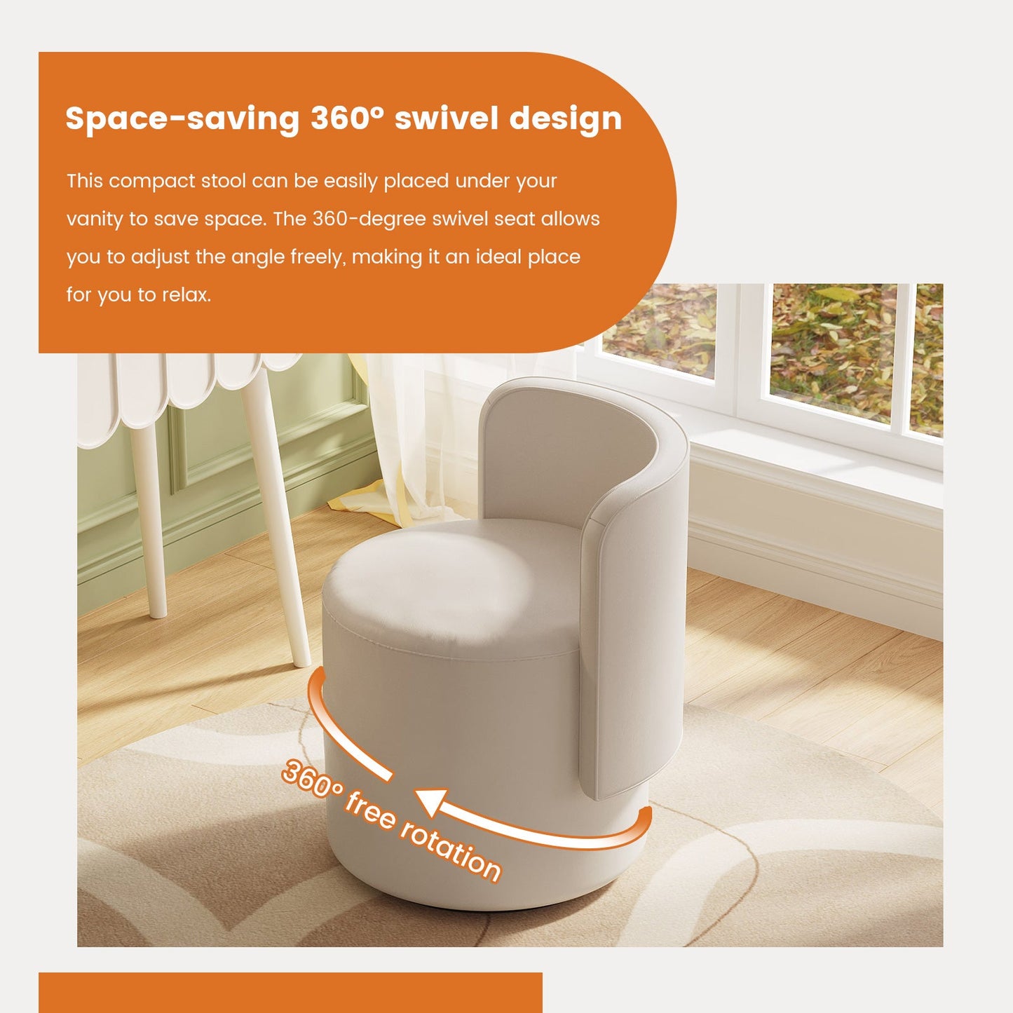Guyii Cream White Rotating Ottoman Stool with Curved Backrest, Vanity Chair, Adjustable Makeup Pouf Seat for Living Room & Bedroom