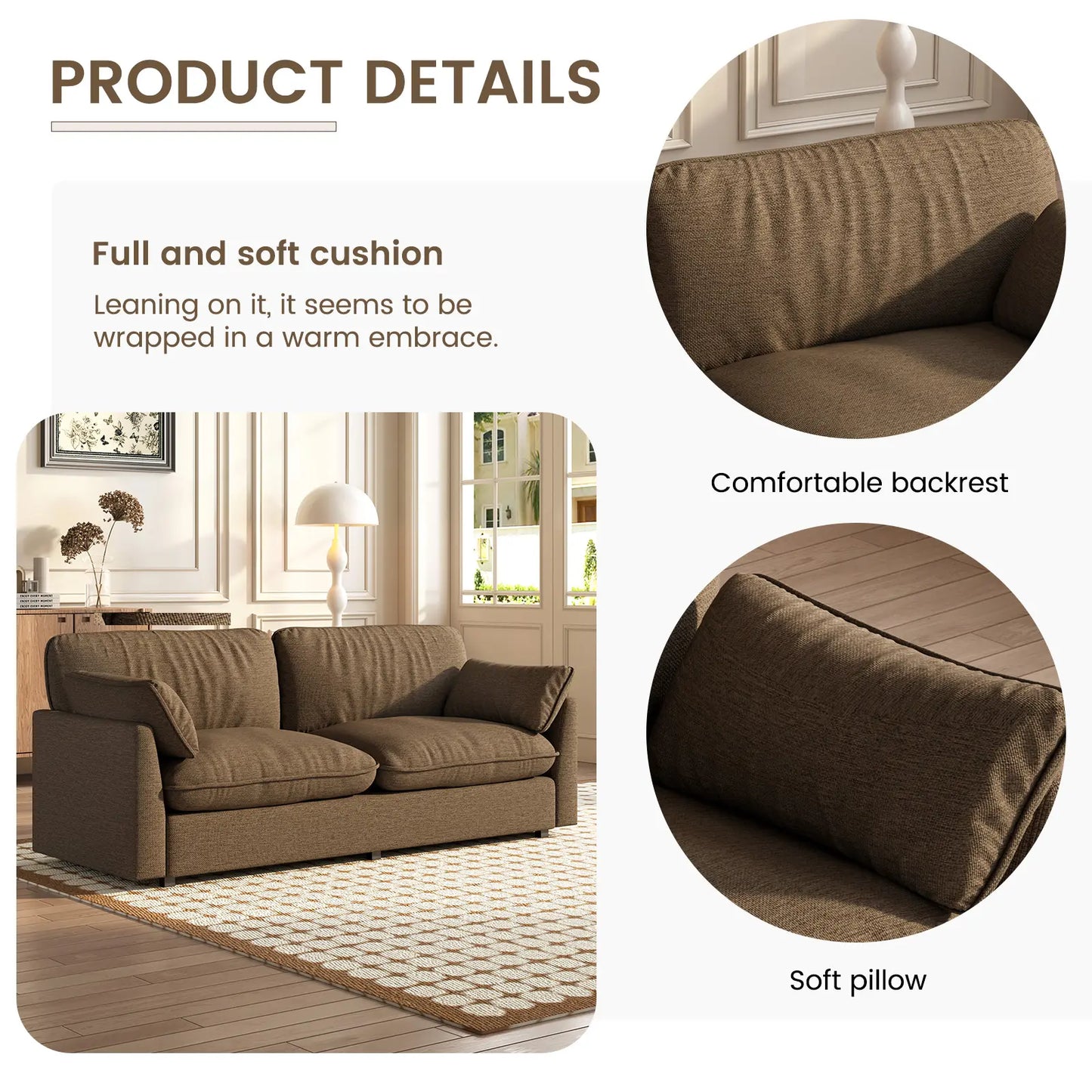 Guyii 82.6" Brown Loveseat Couche for Living Room, Deep Seat Couch with Deep Seat