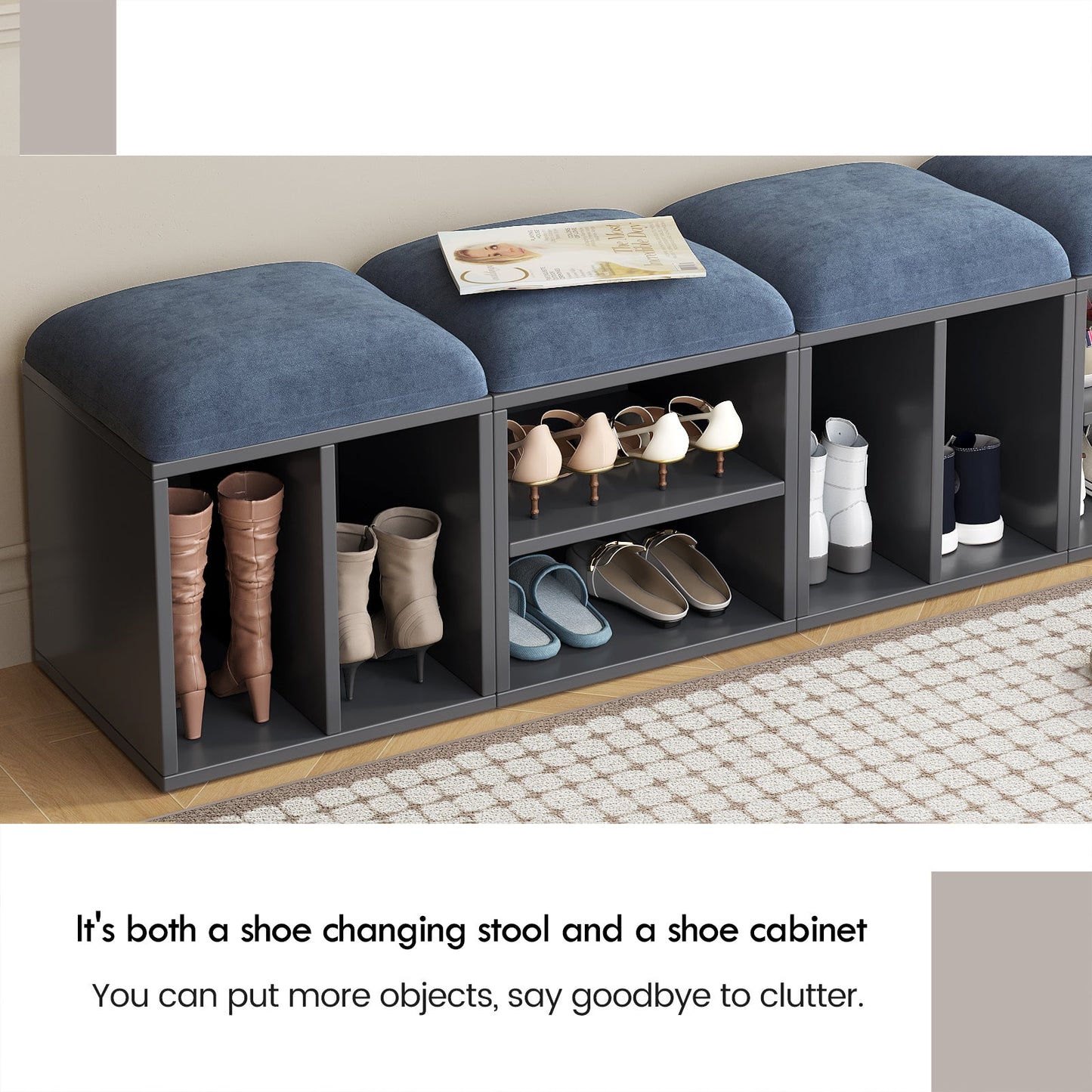 Guyii Velvet Shoe Stool with Padded Seat, Blue Entryway Stools with Storage, Multi-Functional Stool
