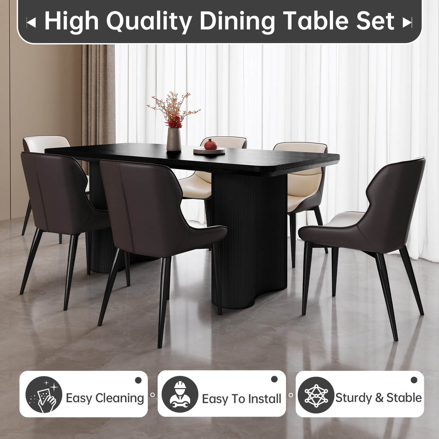 Guyii 62.99" Black Rectangular Dining Table Set with 6 Chairs, Modern Kitchen Table Set