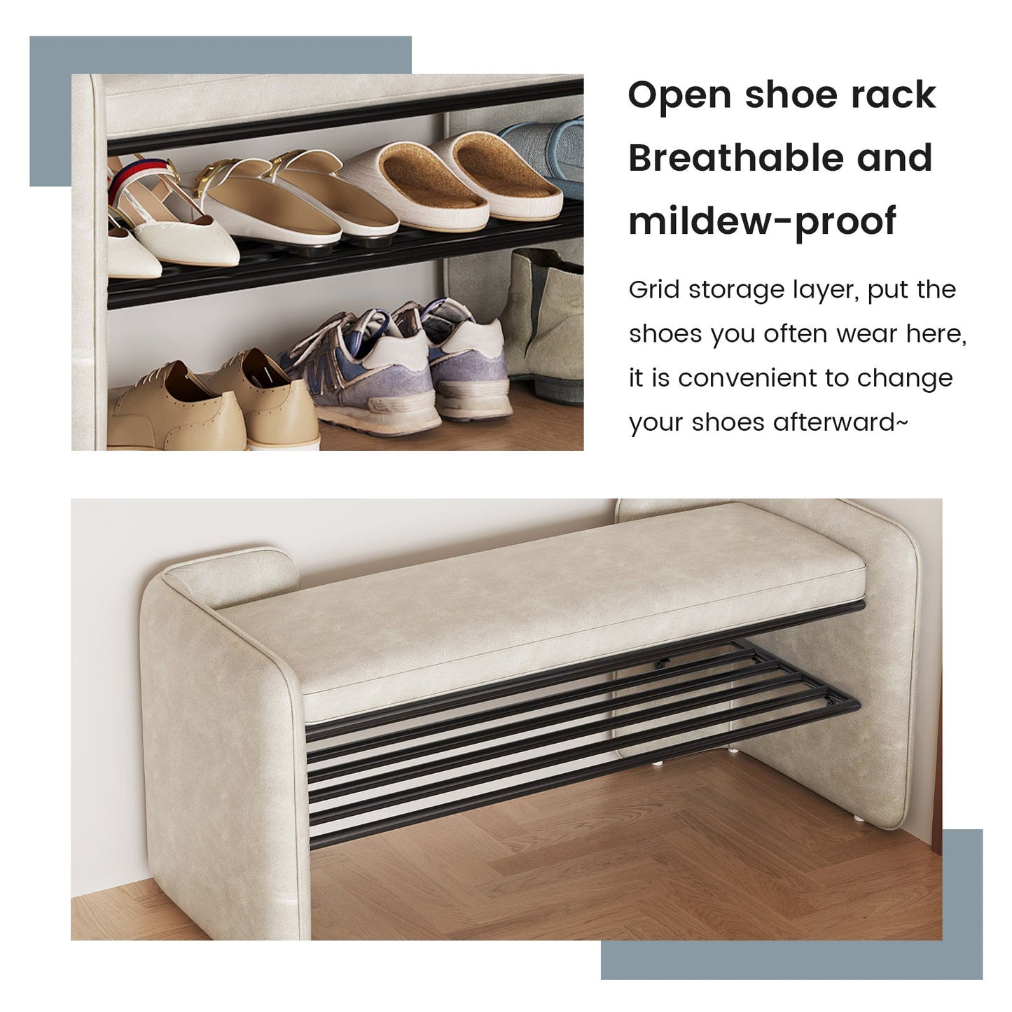 Guyii 47" Entryway Shoe Bench with Cushion, 1-Tier Storage Shelf & Hidden Compartment