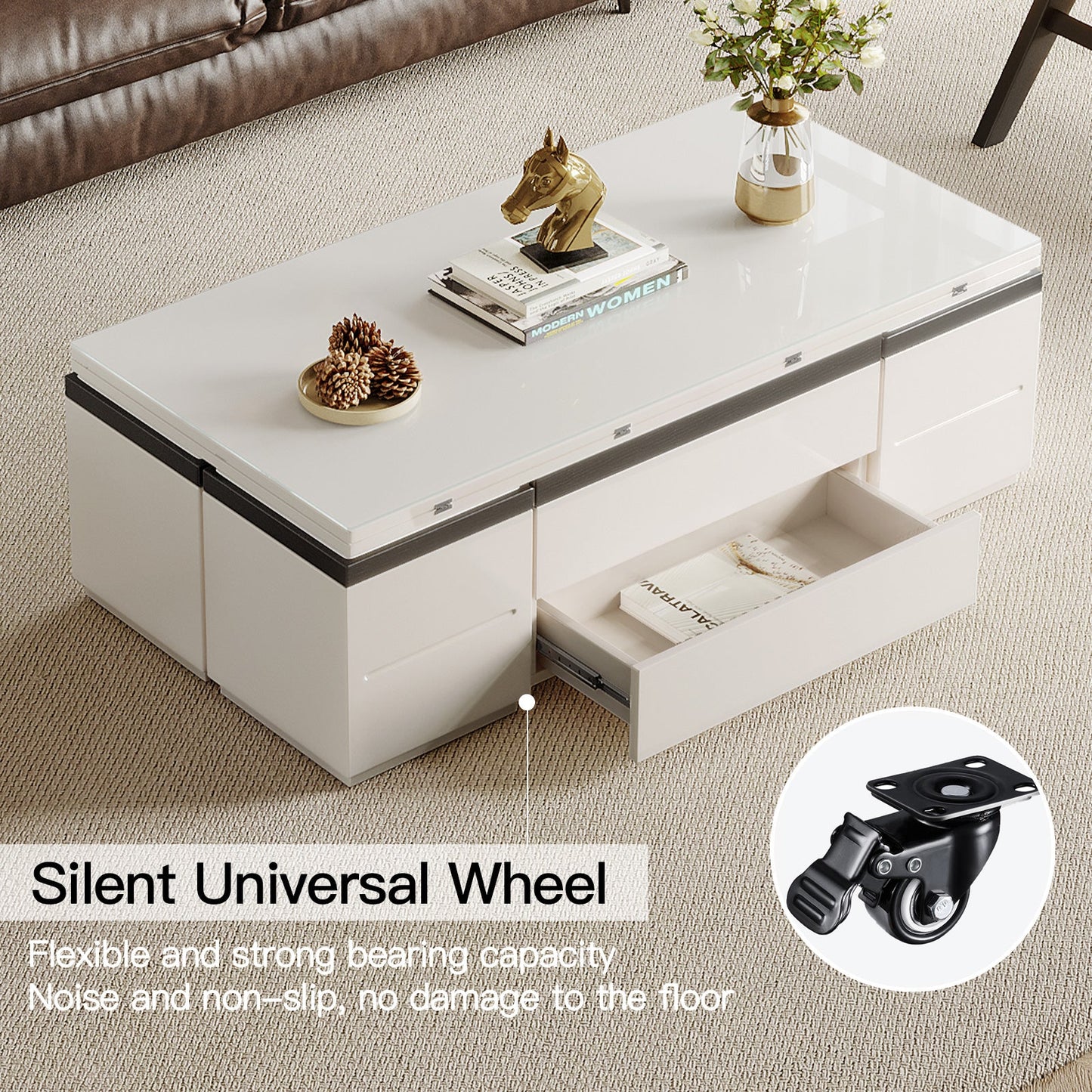 Guyii Extendable Coffee Table with 4 Storage Stools, Multifunctional Lift Top Folding Dining Table for Living Room|G520-UK