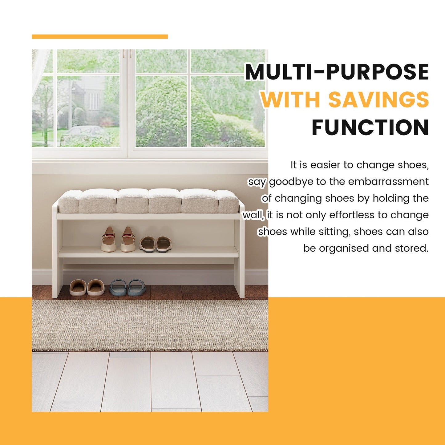 Guyii Cream White Shoe Bench with Storage – Modern Entryway Stool with Padded Seat for Bedroom, Hallway, Living Room