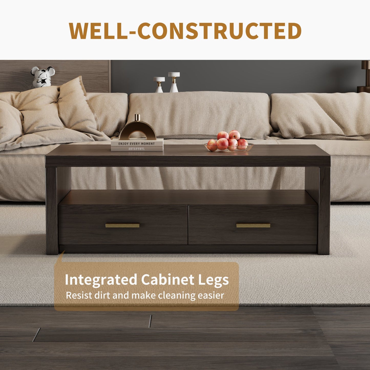 Guyii Walnut Brown Coffee Table with Storage, 47", 2 Drawers & Open Shelf