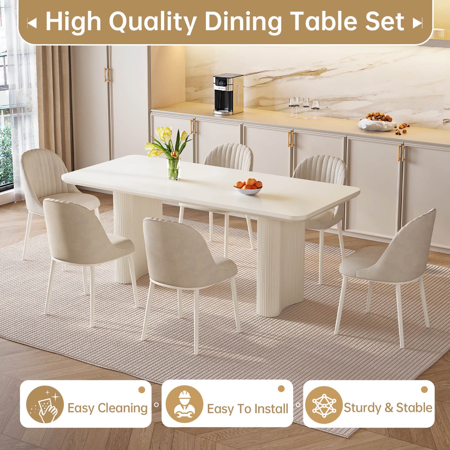 Guyii 62.99" White Rectangular Dining Table Set with 4 Chairs, Modern Kitchen Table Set