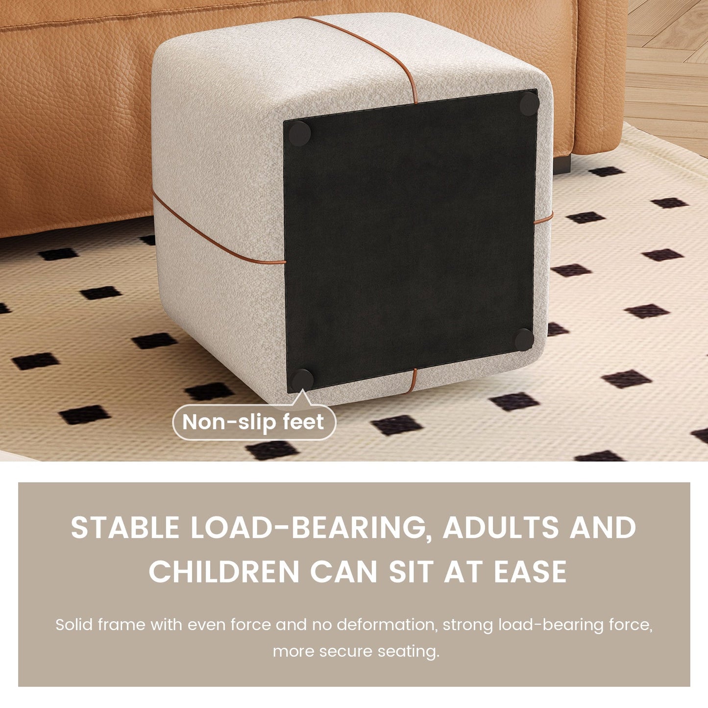 Guyii Beige Square Stool – Modern Upholstered Low Ottoman for Bedroom, Living Room, Entryway