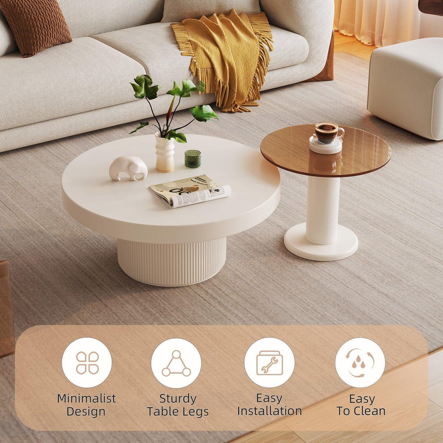 Guyii Round Nested Coffee Table Set, Creamy White & Glass Side Table for Living Room