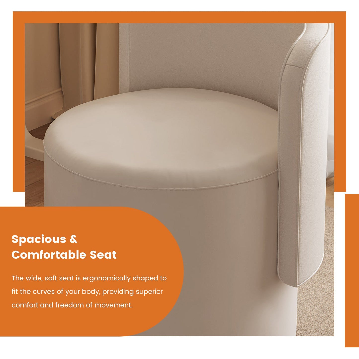 Guyii Cream White Rotating Ottoman Stool with Curved Backrest, Vanity Chair, Adjustable Makeup Pouf Seat for Living Room & Bedroom