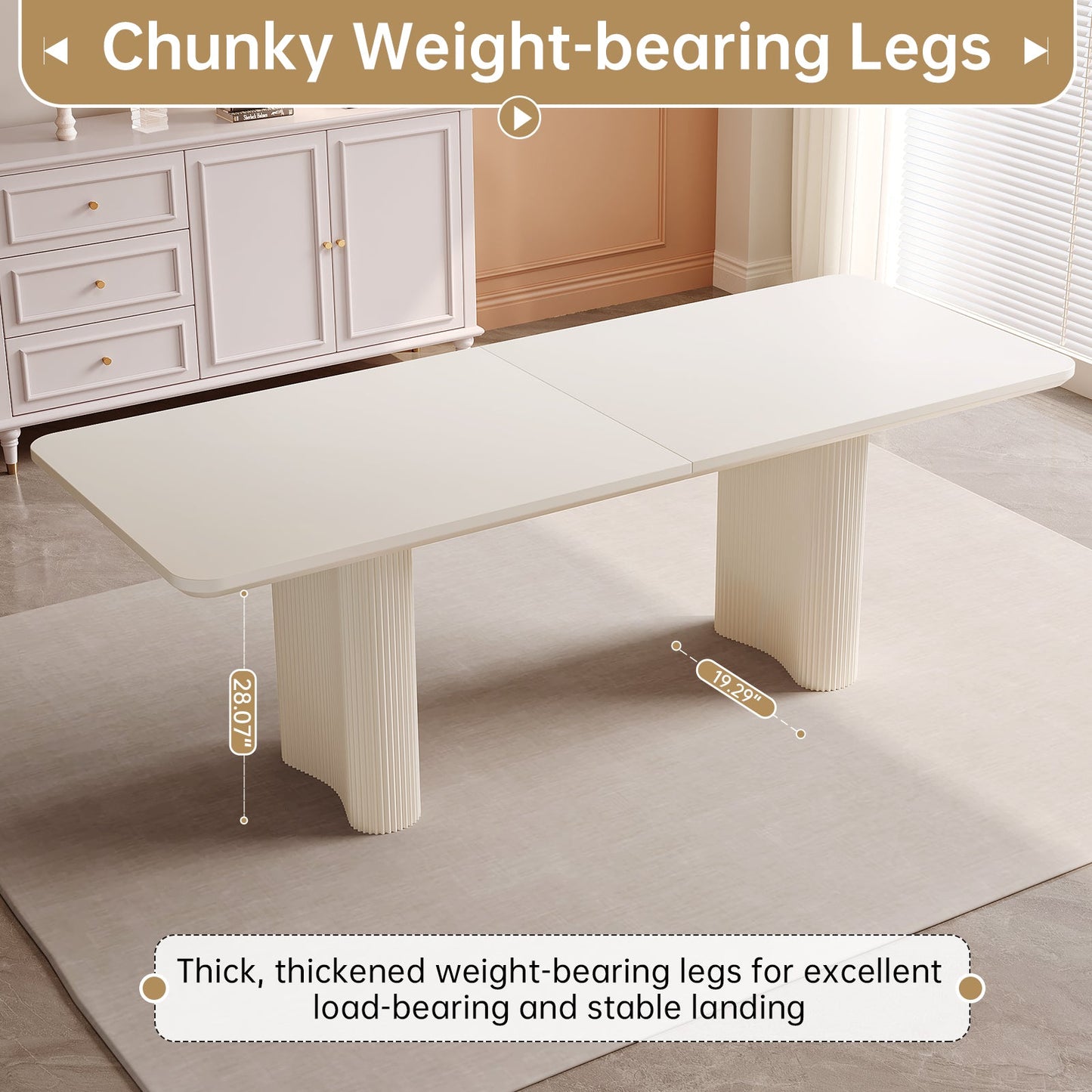 Guyii 63"-79" White Rectangular Dining Table, Modern Kitchen Table for Dining Room