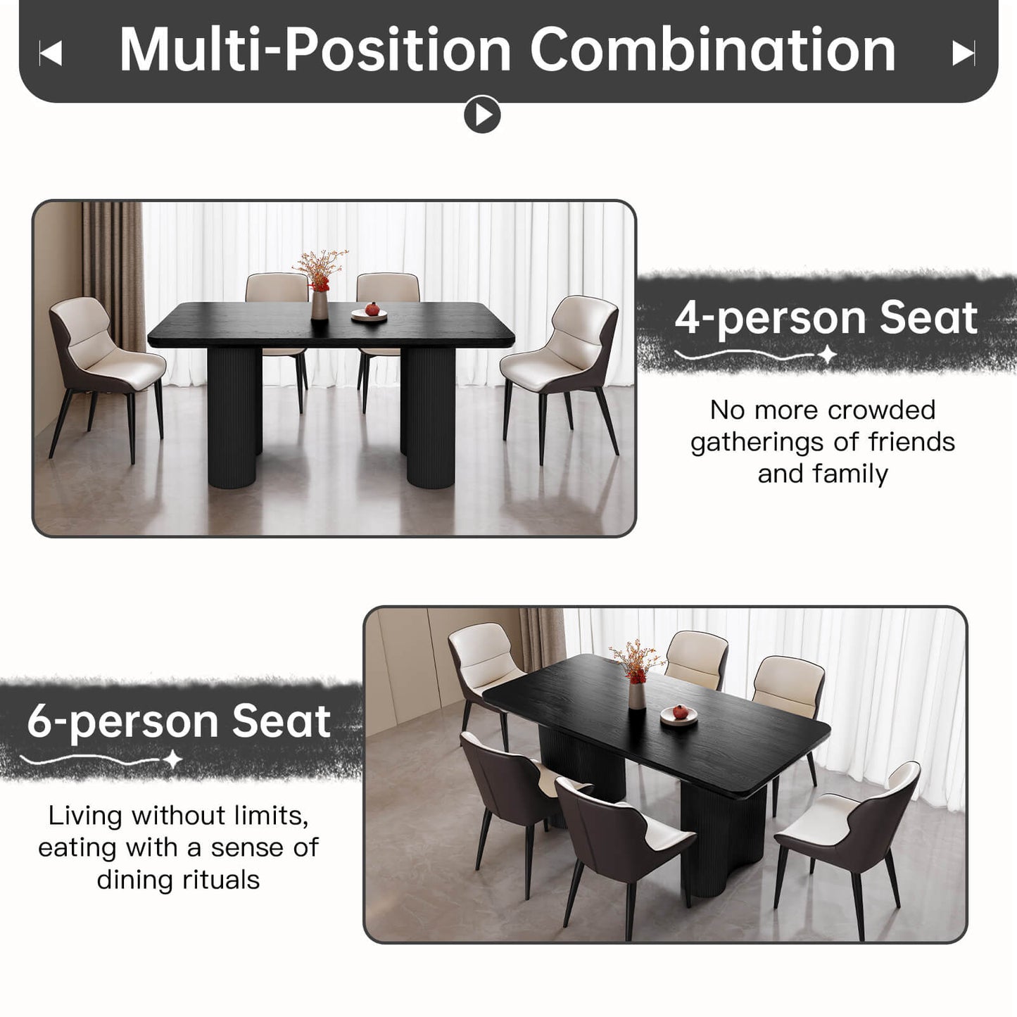 Guyii 62.99" Black Rectangular Dining Table Set with 6 Chairs, Modern Kitchen Table Set