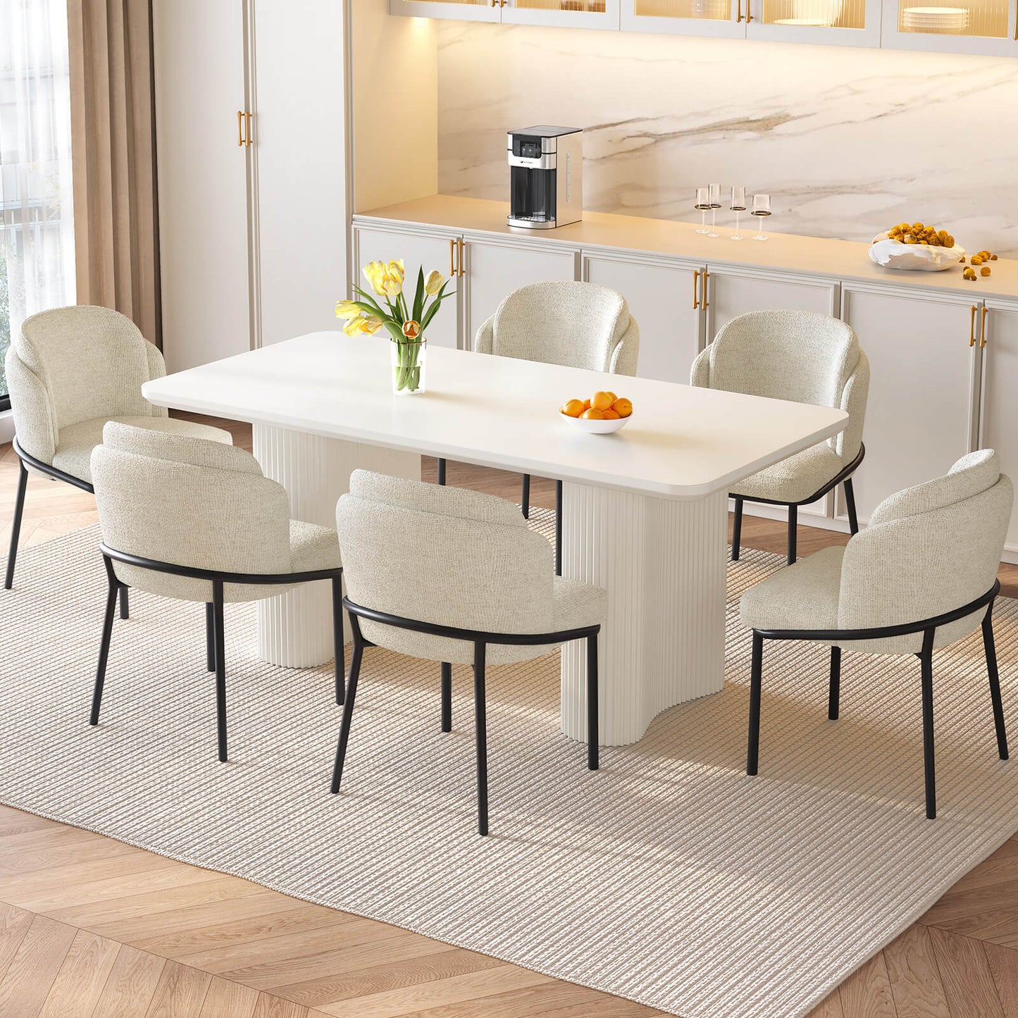Guyii White Dining Table Set, Modern Rectangular Kitchen Table with 4-8 Chairs
