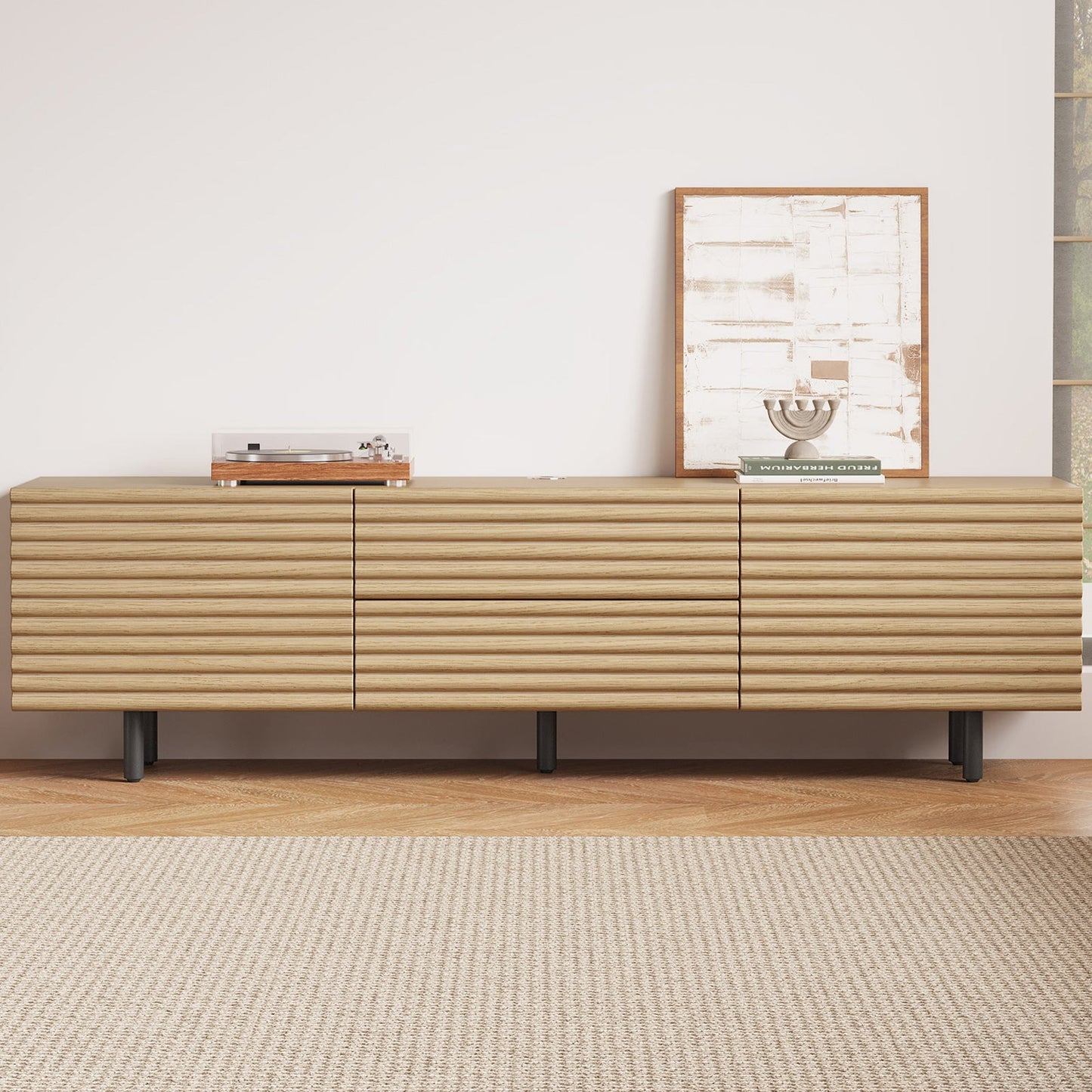 Guyii Modern TV Stand – Wood Color TV Cabinet with 2 Cabinets and 2 Storage Drawers for Living Room, Bedroom, and Home Entertainment