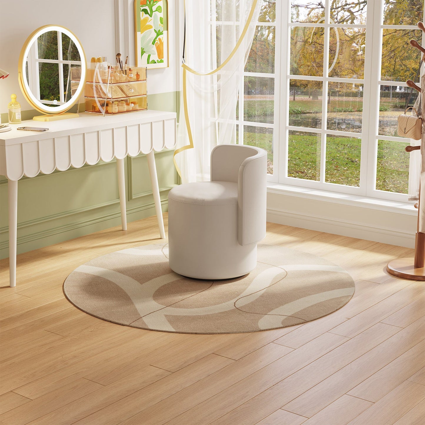 Guyii Cream White Rotating Ottoman Stool with Curved Backrest, Vanity Chair, Adjustable Makeup Pouf Seat for Living Room & Bedroom