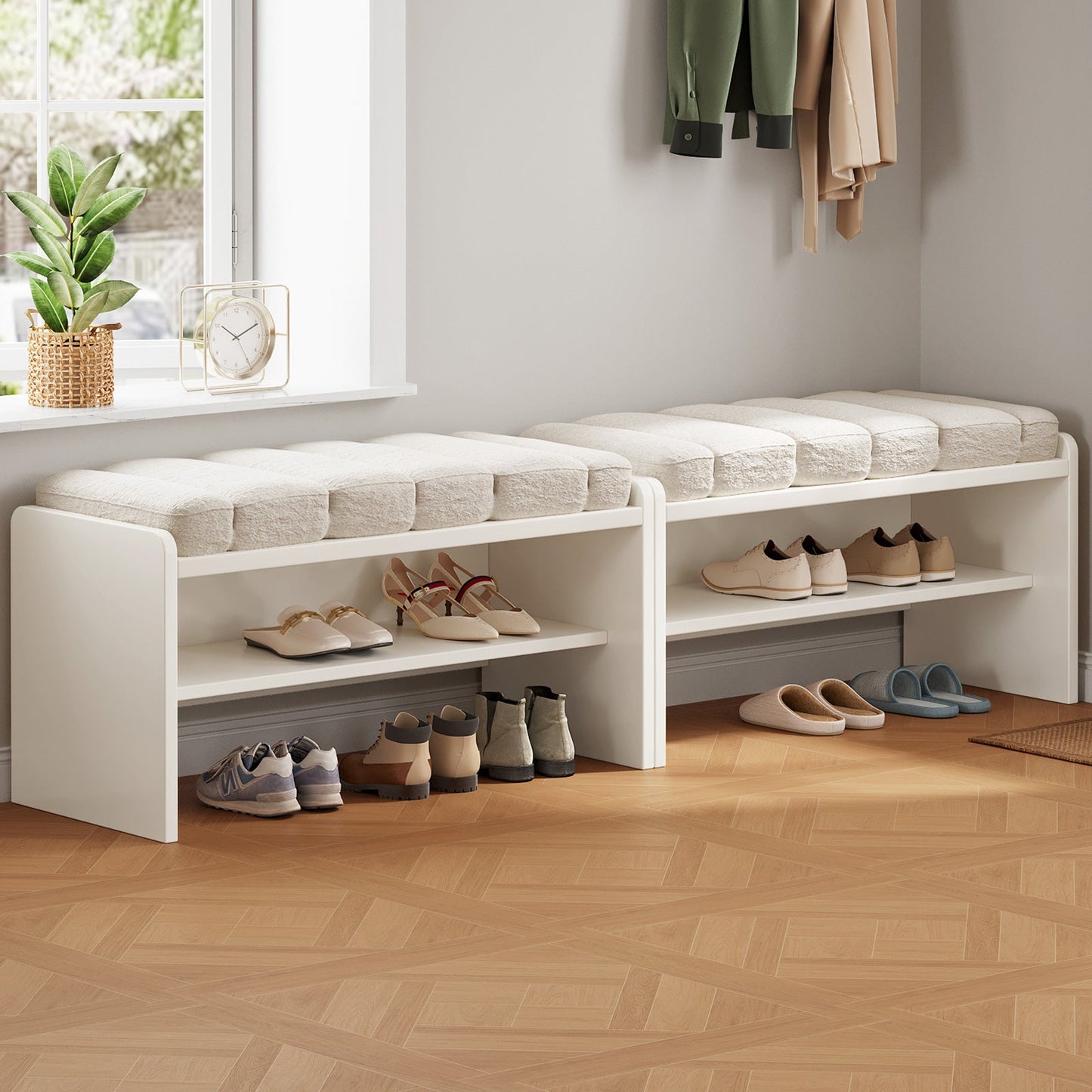 Guyii Cream White Shoe Bench with Storage – Modern Entryway Stool with Padded Seat for Bedroom, Hallway, Living Room