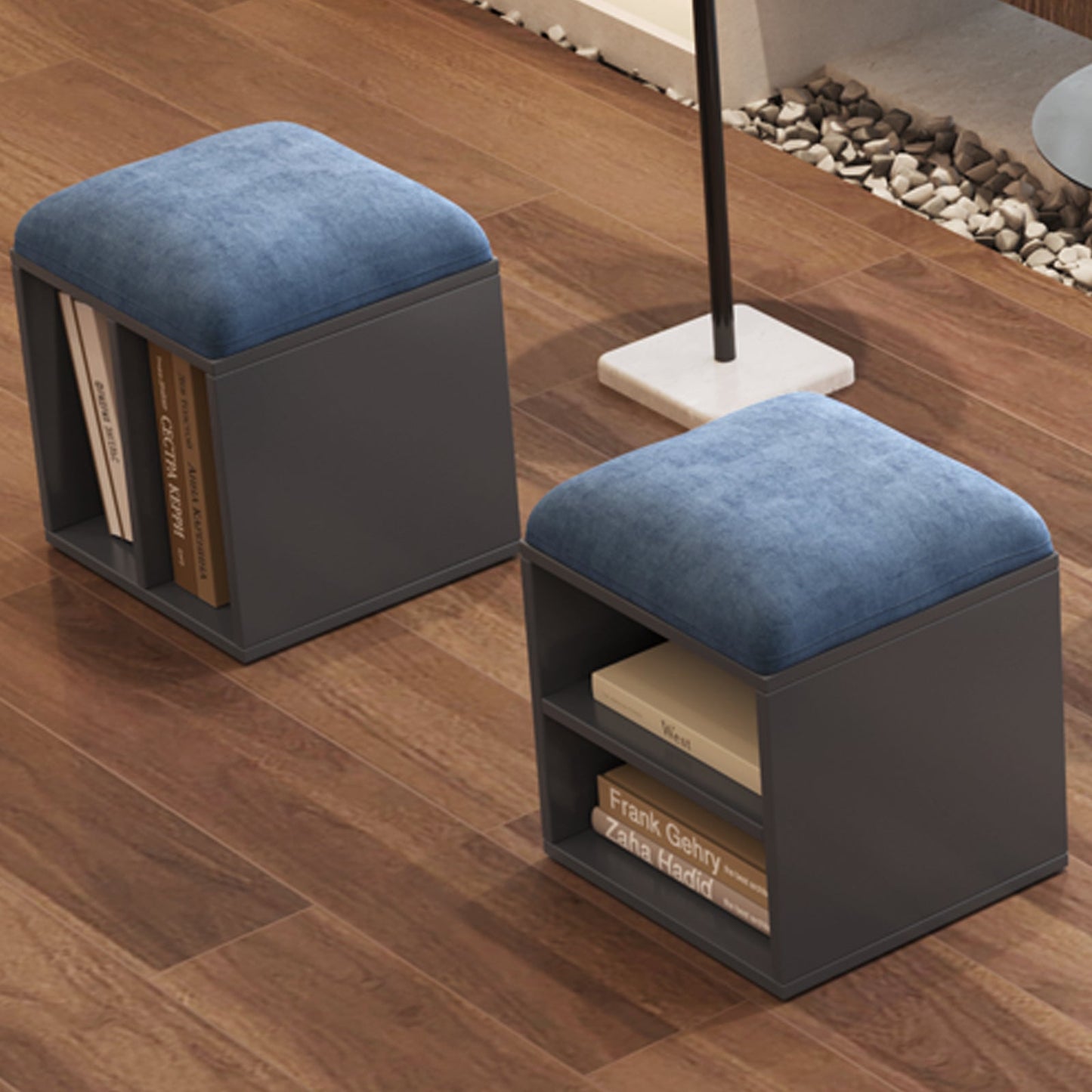 Guyii Velvet Shoe Stool with Padded Seat, Blue Entryway Stools with Storage, Multi-Functional Stool