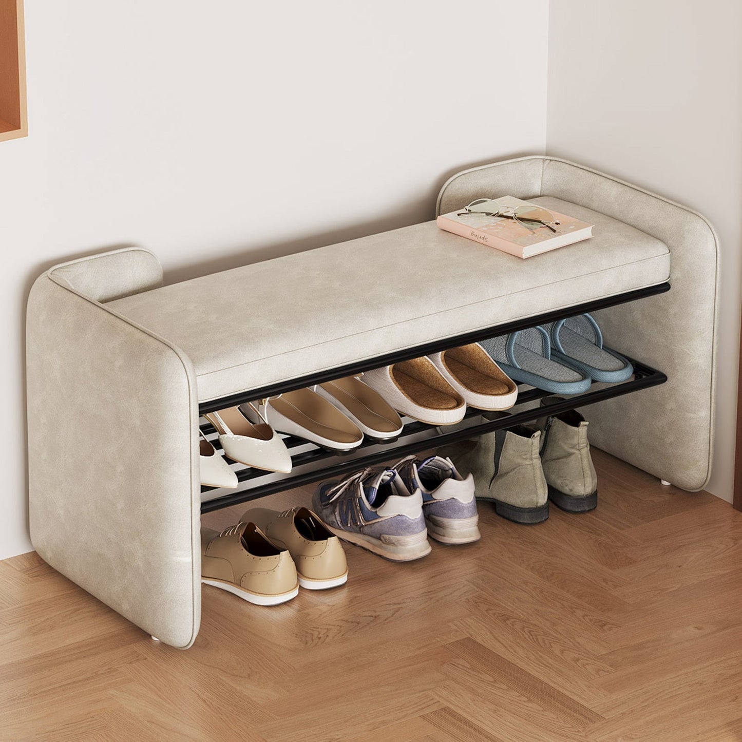 Guyii 47" Entryway Shoe Bench with Cushion, 1-Tier Storage Shelf & Hidden Compartment