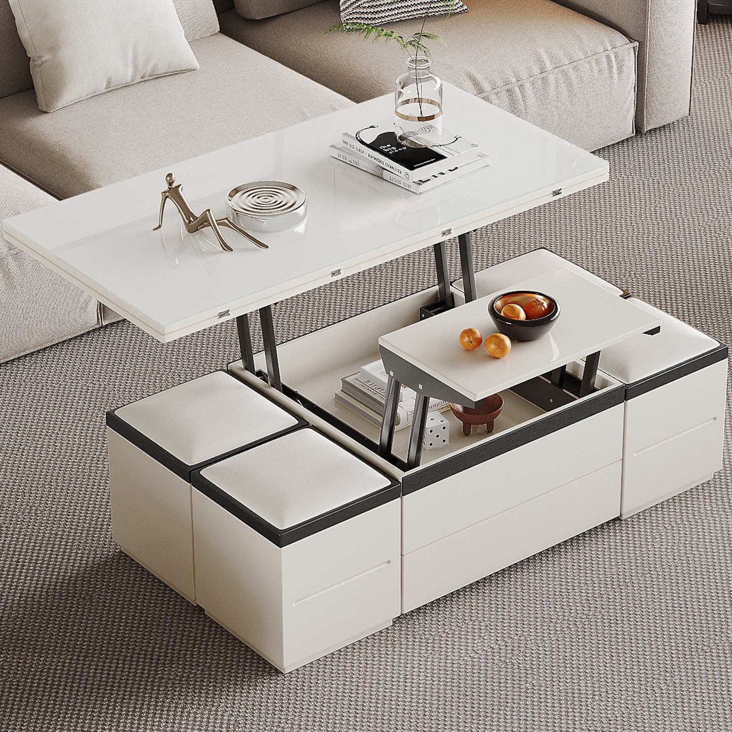 Guyii Extendable Coffee Table with 4 Storage Stools, Multifunctional Lift Top Folding Dining Table for Living Room|G520-UK