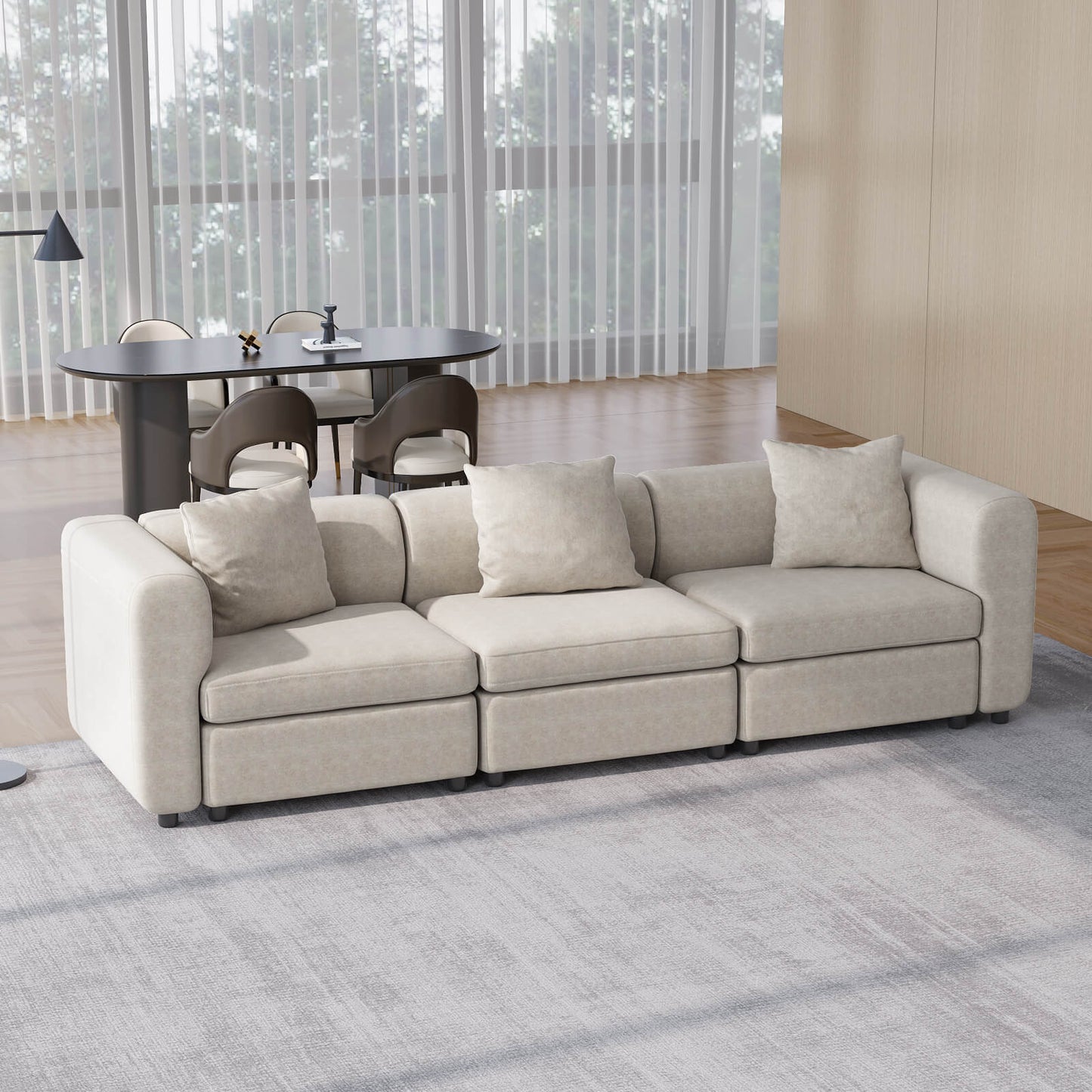 Guyii Velvet Sectional Sofa, Modern Oversized 3-Seat Sofa with 3 Pillows