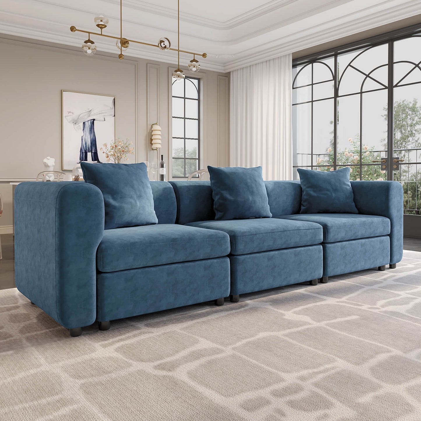 Guyii Blue Velvet Sectional Sofa, Modern Oversized 3-Seat Couch with 3 Pillows
