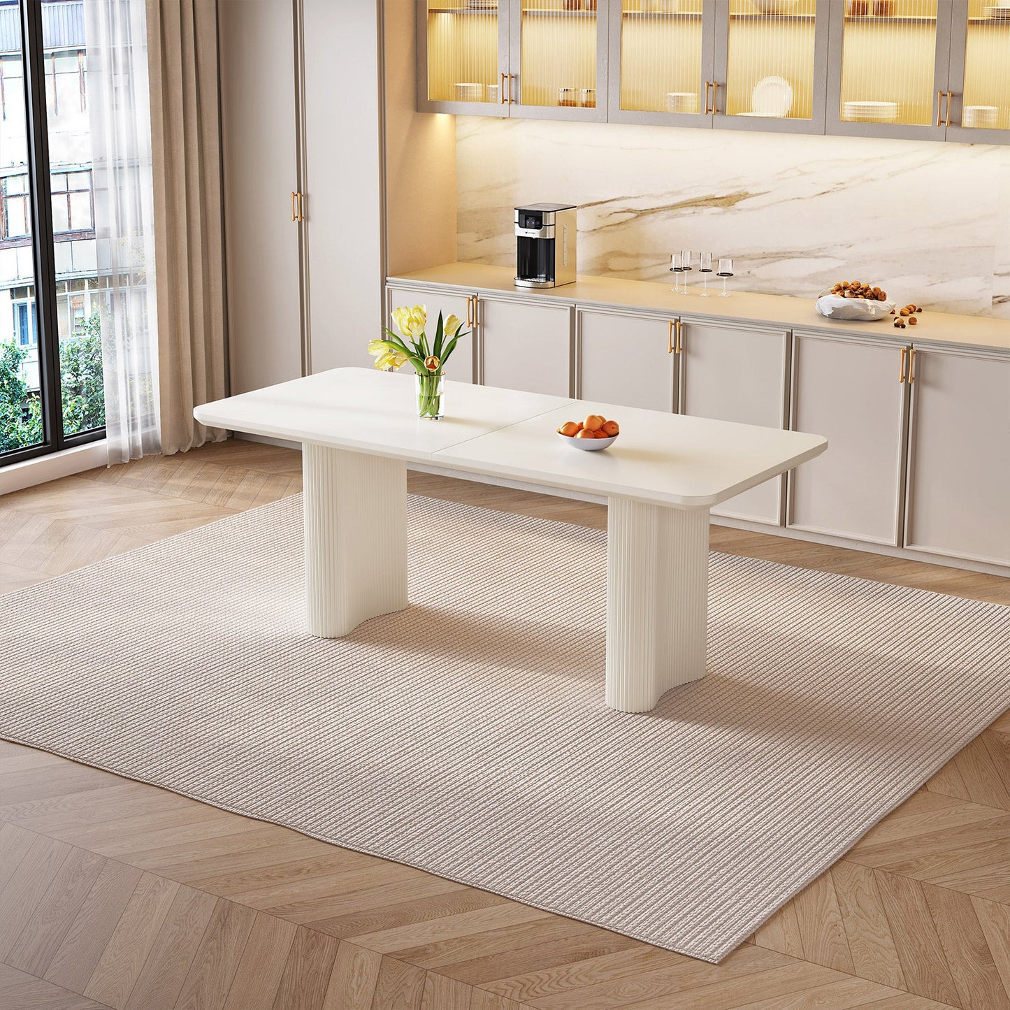 Guyii 63"-79" White Rectangular Dining Table, Modern Kitchen Table for Dining Room
