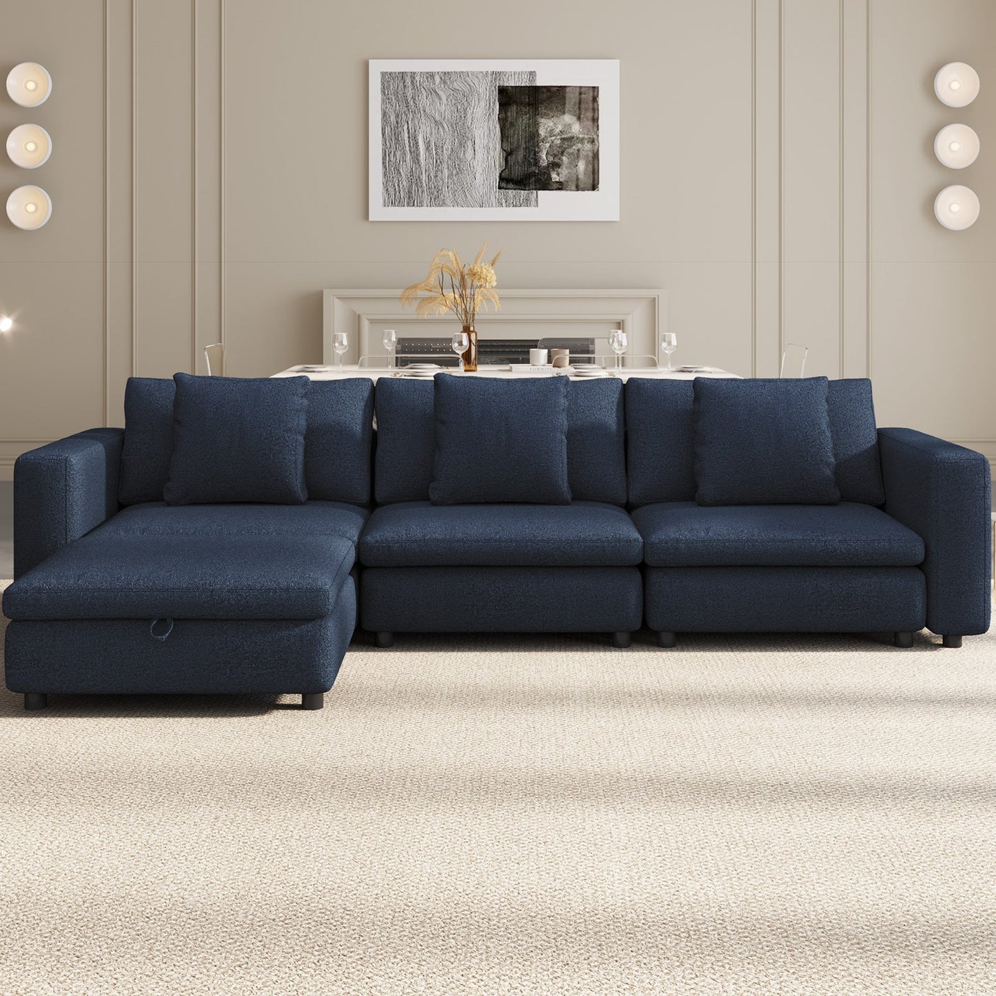 Guyii Oversized Sectional Sofa with Storage Ottoman, 4-9 Deep Seat Modular Couch for Living Room, Blue Fabric