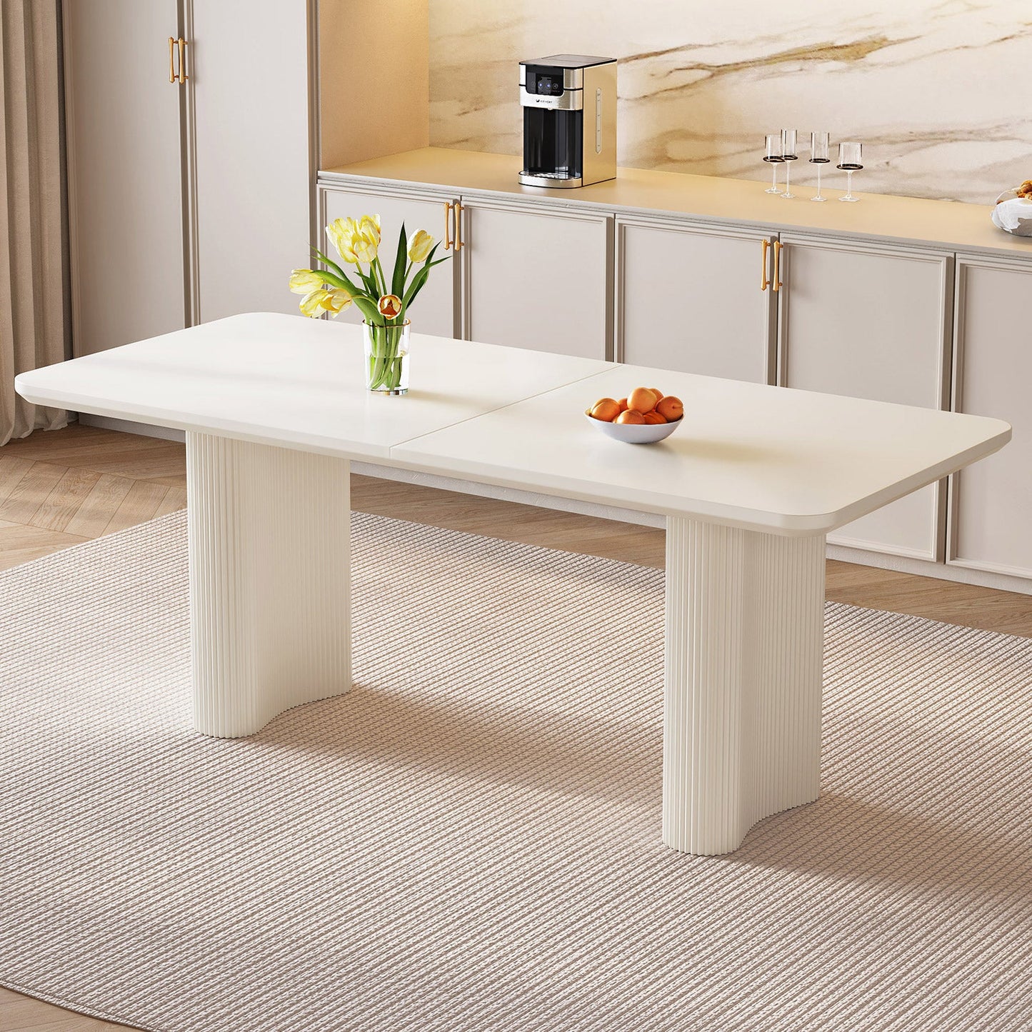 Guyii 63"-79" White Rectangular Dining Table, Modern Kitchen Table for Dining Room