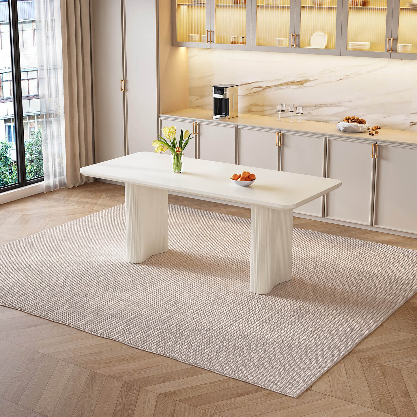 Guyii 62.99" White Rectangular Dining Table Set with 4 Chairs, Modern Kitchen Table Set