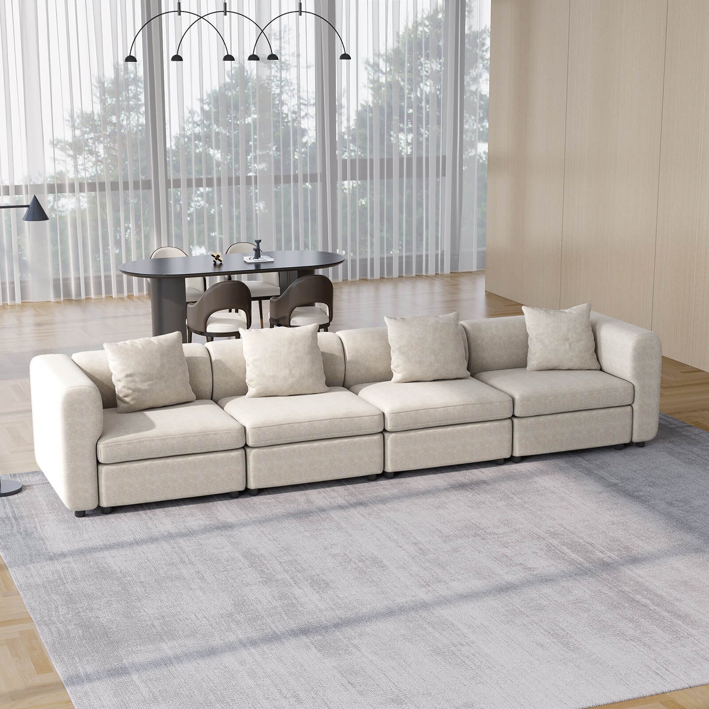 Guyii Velvet Sectional Sofa, Modern Oversized 4-Seat Sofa with 4 Pillows