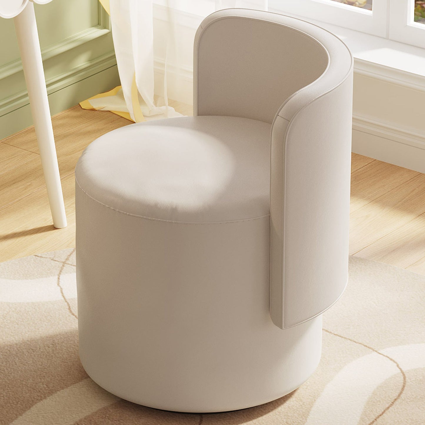 Guyii Cream White Rotating Ottoman Stool with Curved Backrest, Vanity Chair, Adjustable Makeup Pouf Seat for Living Room & Bedroom