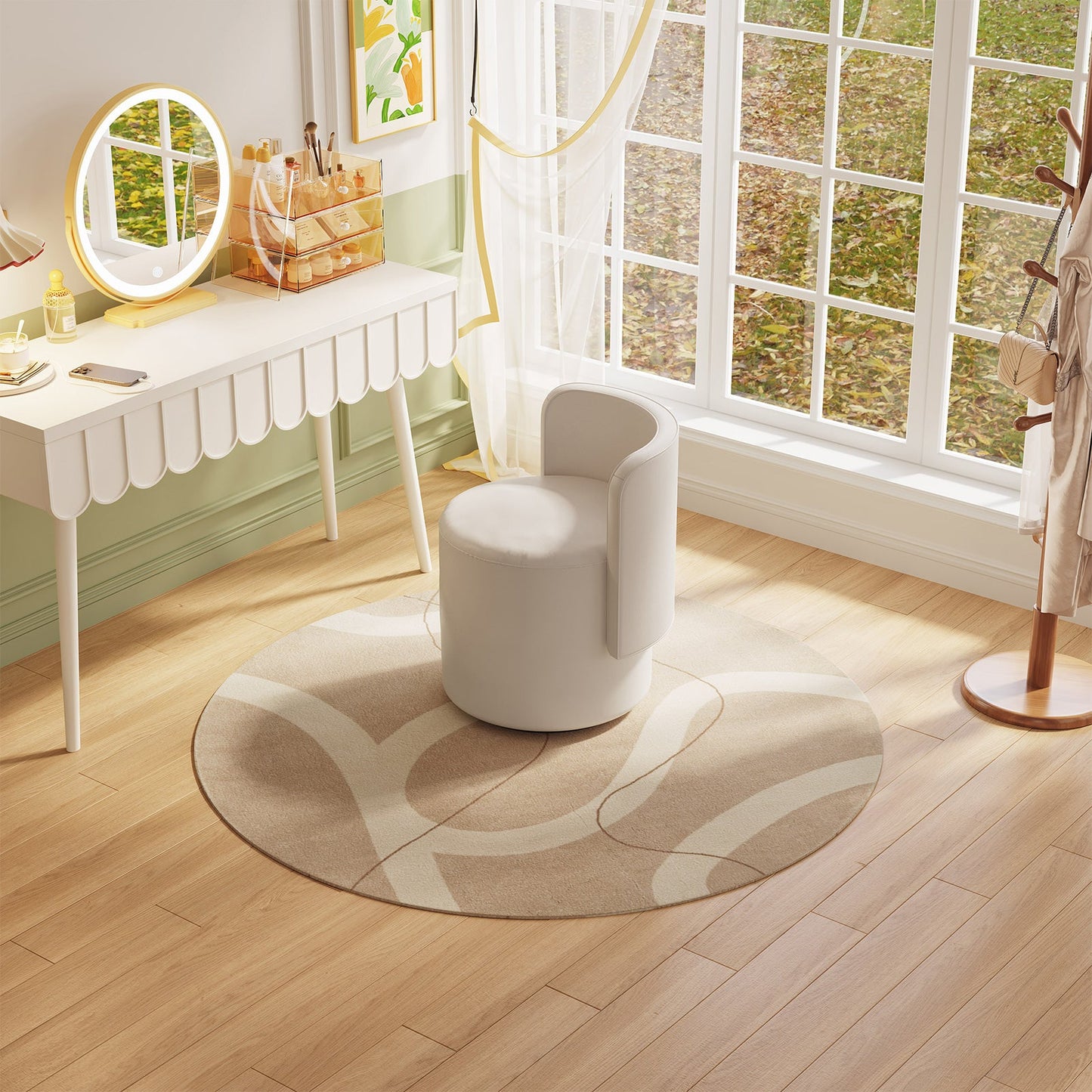 Guyii Cream White Rotating Ottoman Stool with Curved Backrest, Vanity Chair, Adjustable Makeup Pouf Seat for Living Room & Bedroom